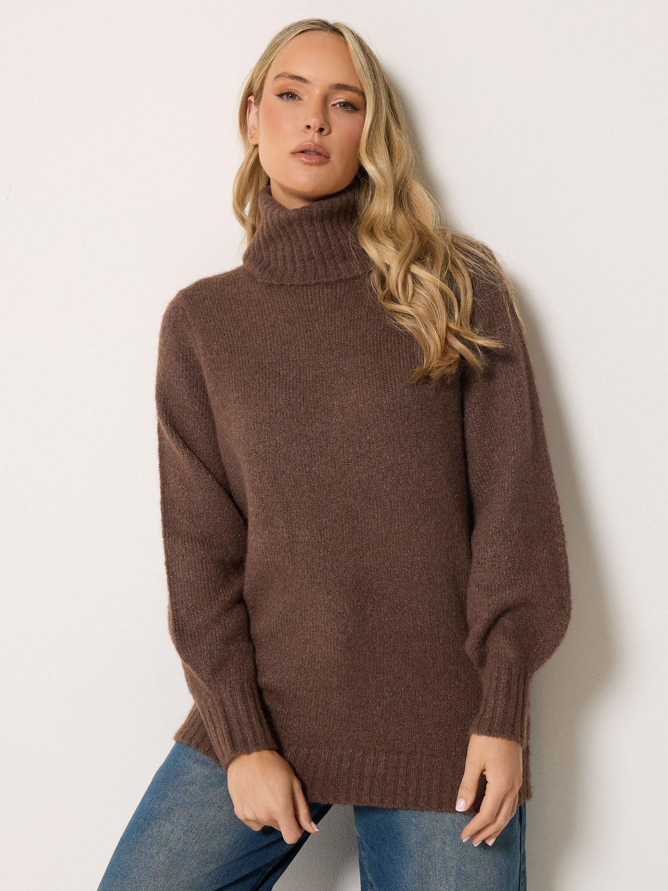 Long Tall Sally LTS PREMIUM Tall Roll Neck Fluffy Knit Jumper - Brown