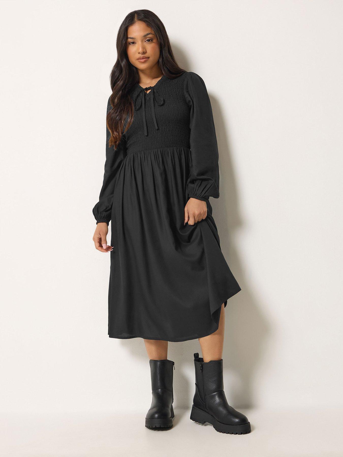 Image 1 of 4 of PixieGirl Petite Shirred Body Midi Dress - Black