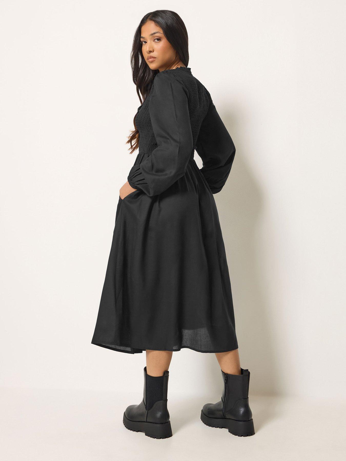 Image 2 of 4 of PixieGirl Petite Shirred Body Midi Dress - Black