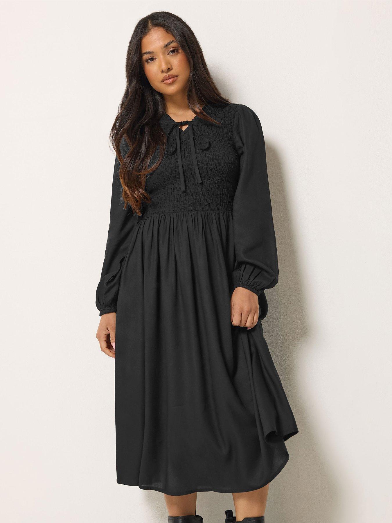 Image 3 of 4 of PixieGirl Petite Shirred Body Midi Dress - Black