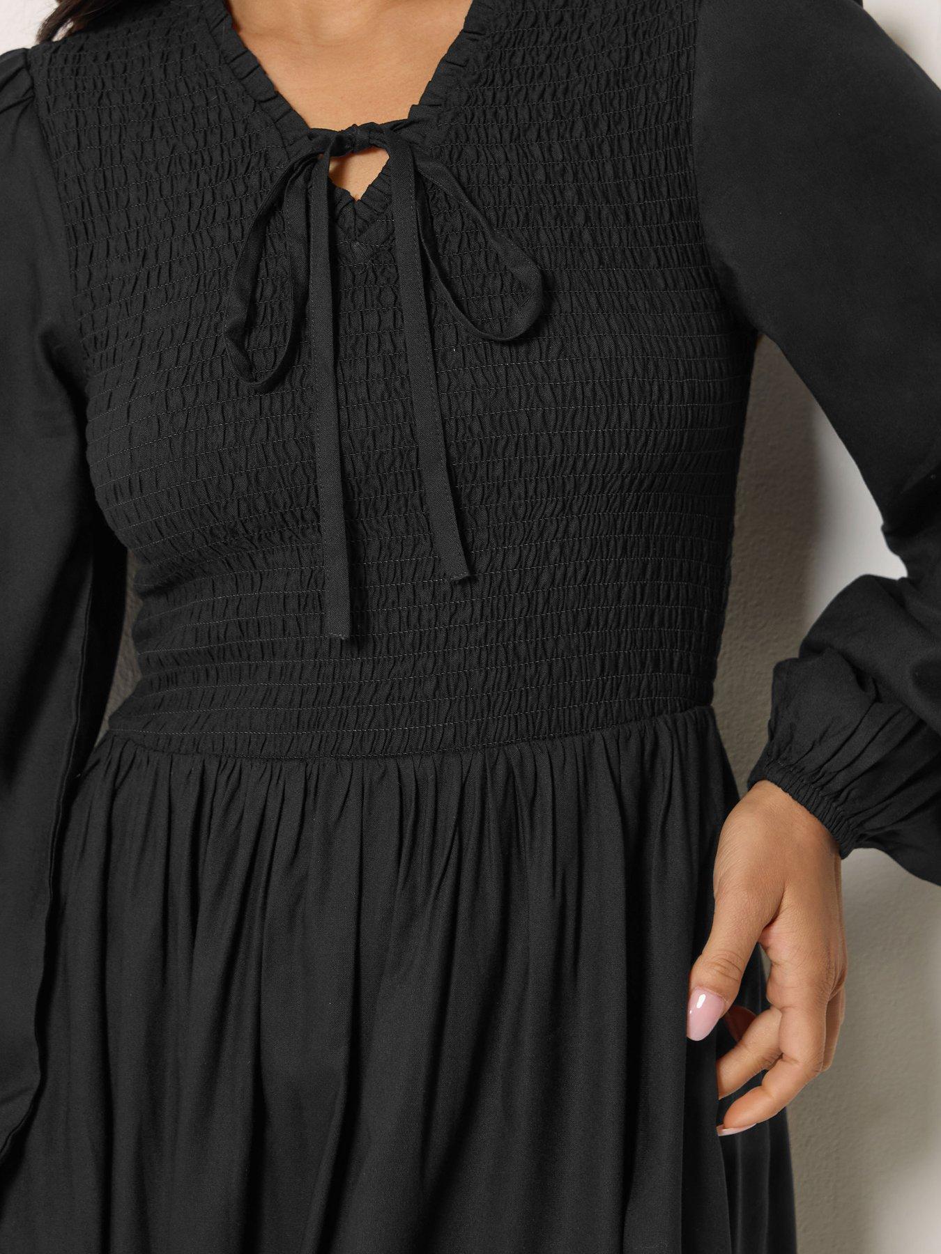 Image 4 of 4 of PixieGirl Petite Shirred Body Midi Dress - Black