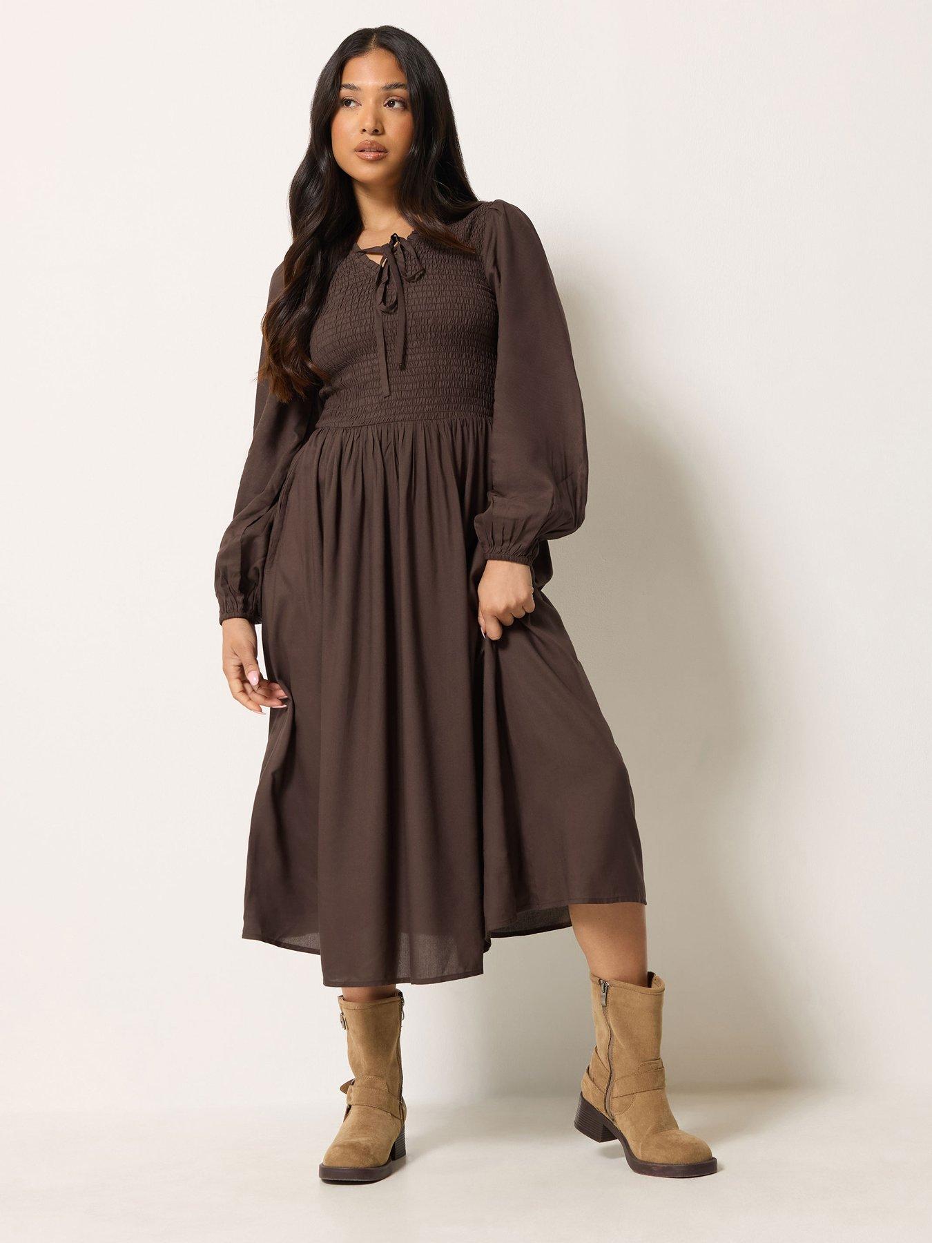 PixieGirl Petite Shirred Body Midi Dress - Brown