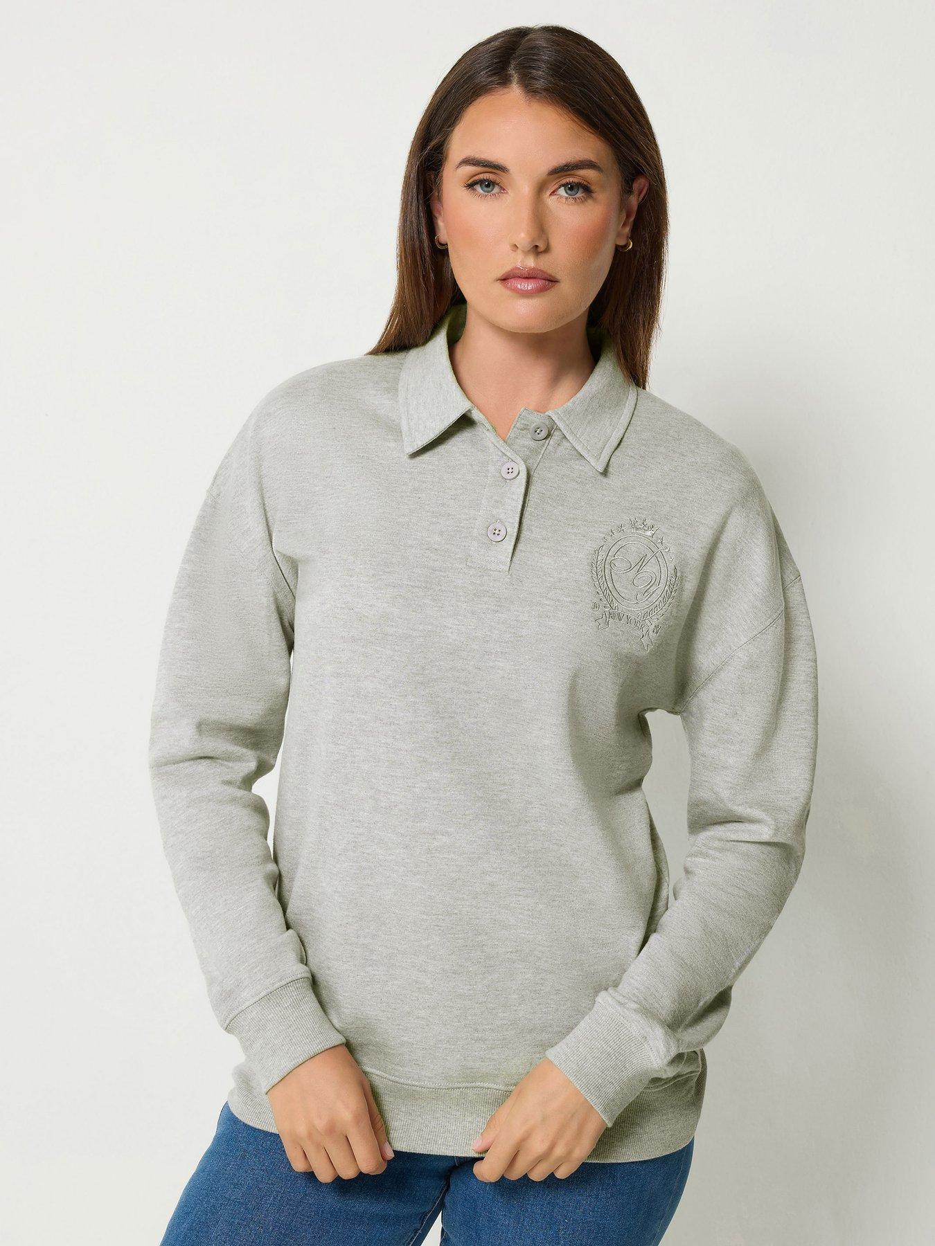 Image 1 of 4 of Long Tall Sally Womens Tall Button Collar Ribbed Trim Sweatshirt - Grey