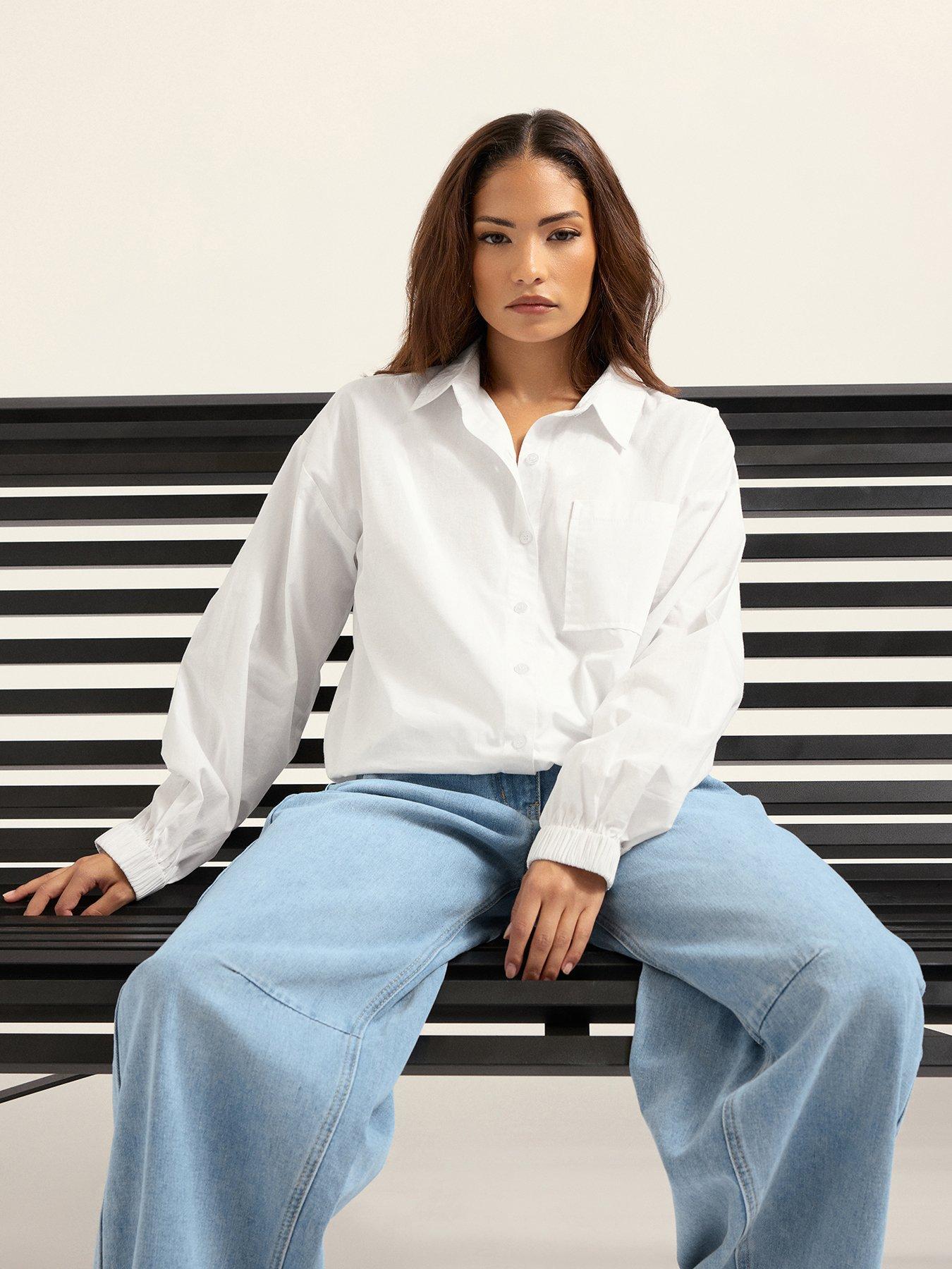 PixieGirl Petite Poplin Elastic Hem Shirt - White