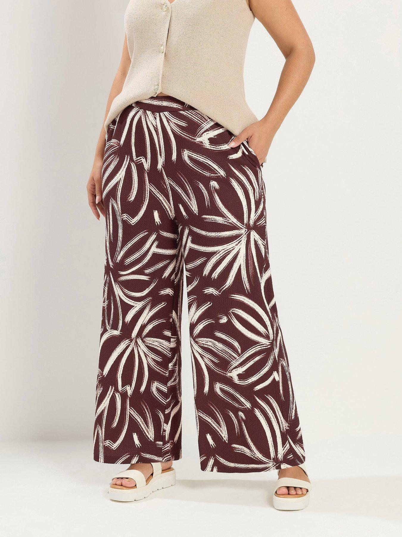 Yours Curve Abstract Print Wide Leg 30" Trousers - Brown