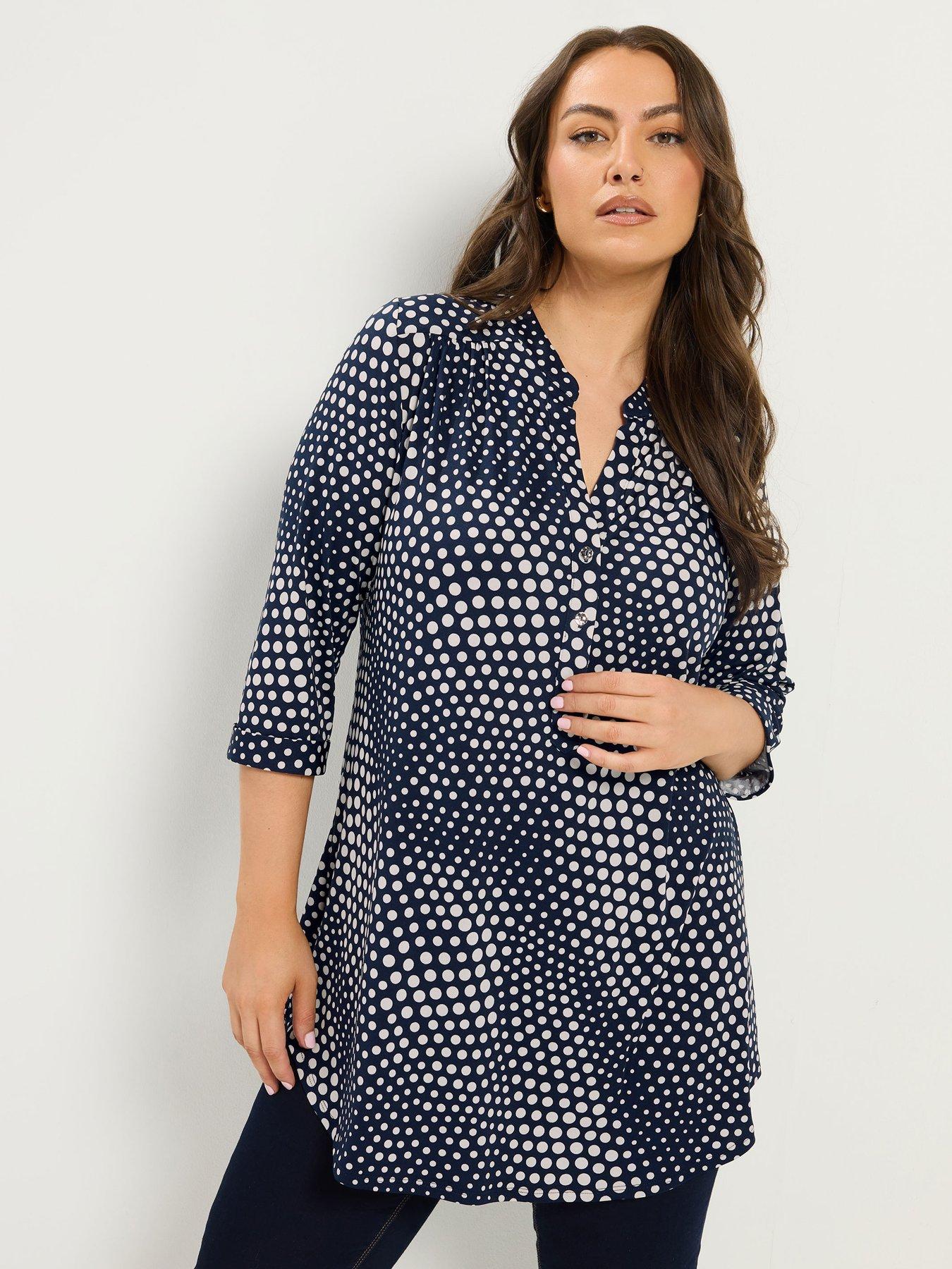 Yours YOURS Curve Polka Dot Half Placket Shirt - Navy Blue