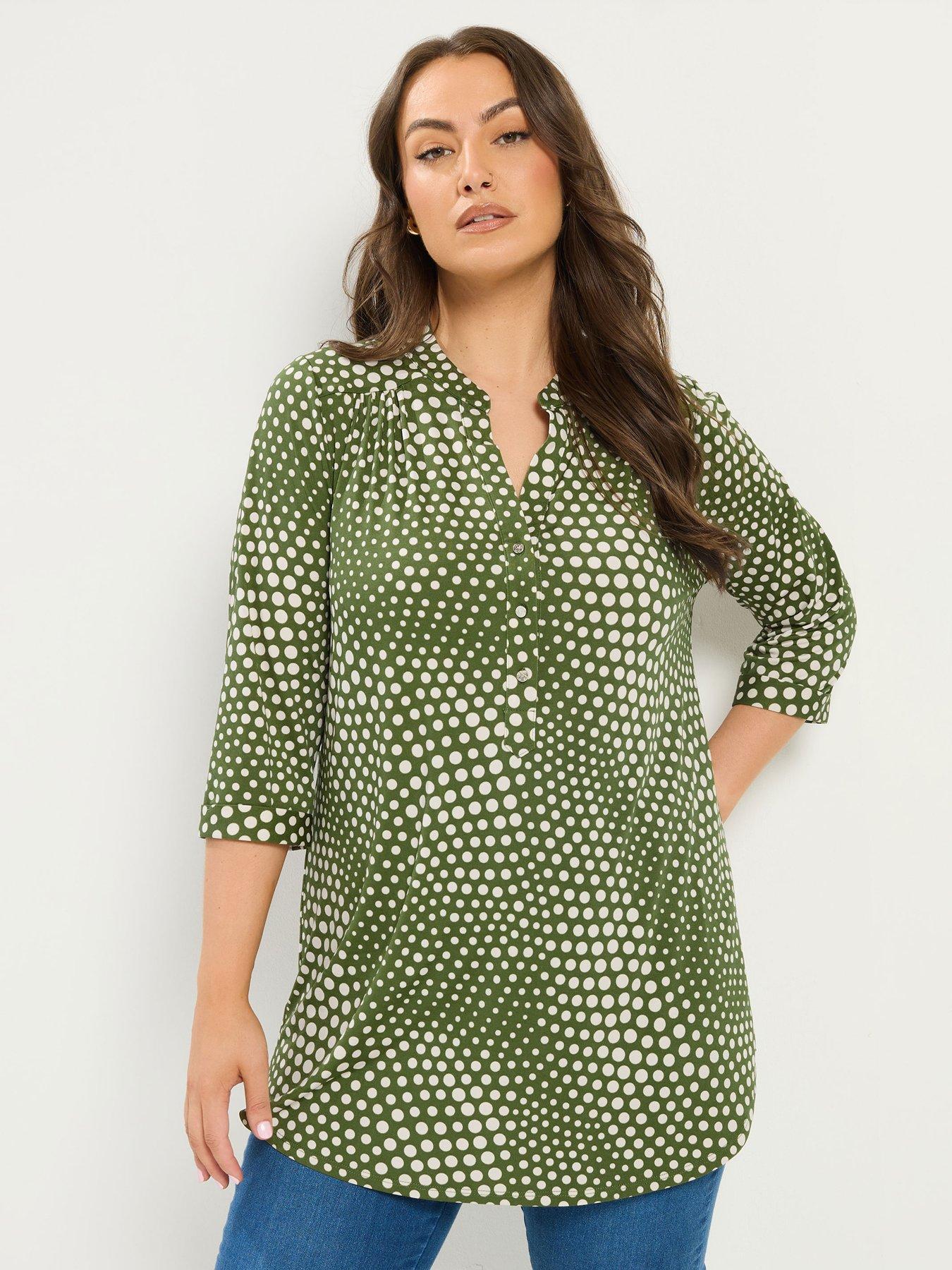 Yours Curve Polka Dot Half Placket Shirt - Green