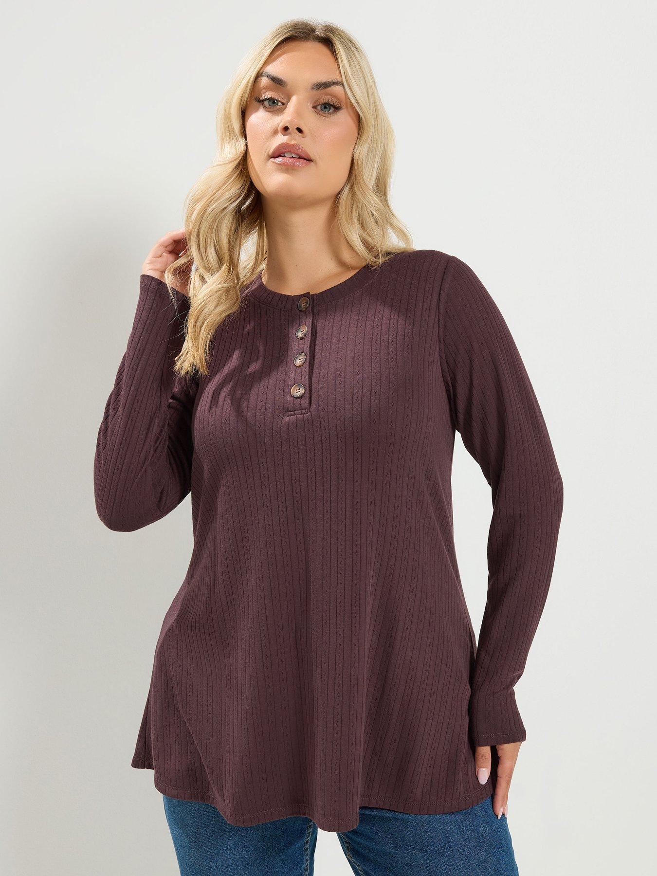 Yours Curve Pointelle Henley Top - Brown