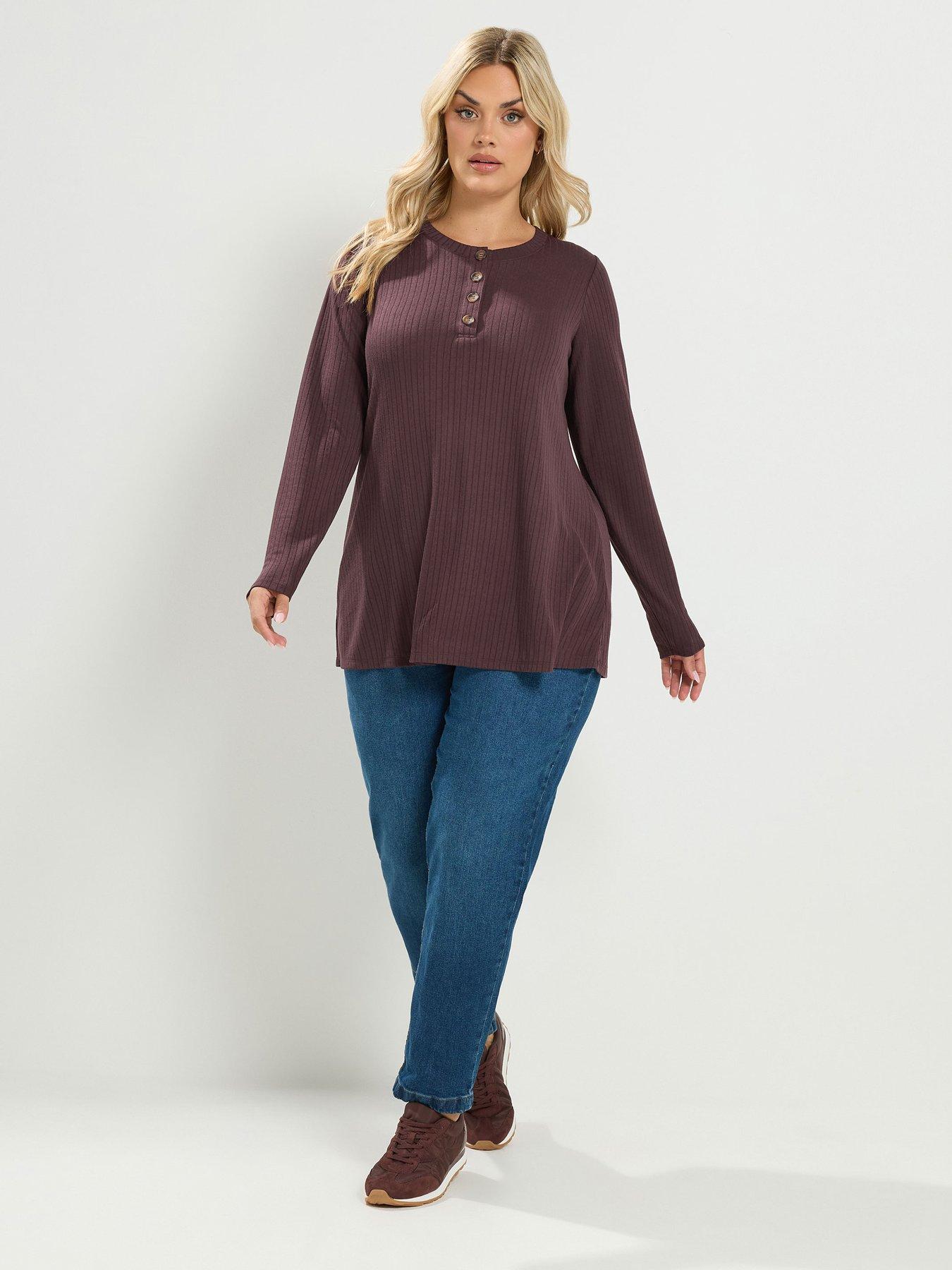 Image 3 of 4 of Yours Curve Pointelle Henley Top - Brown