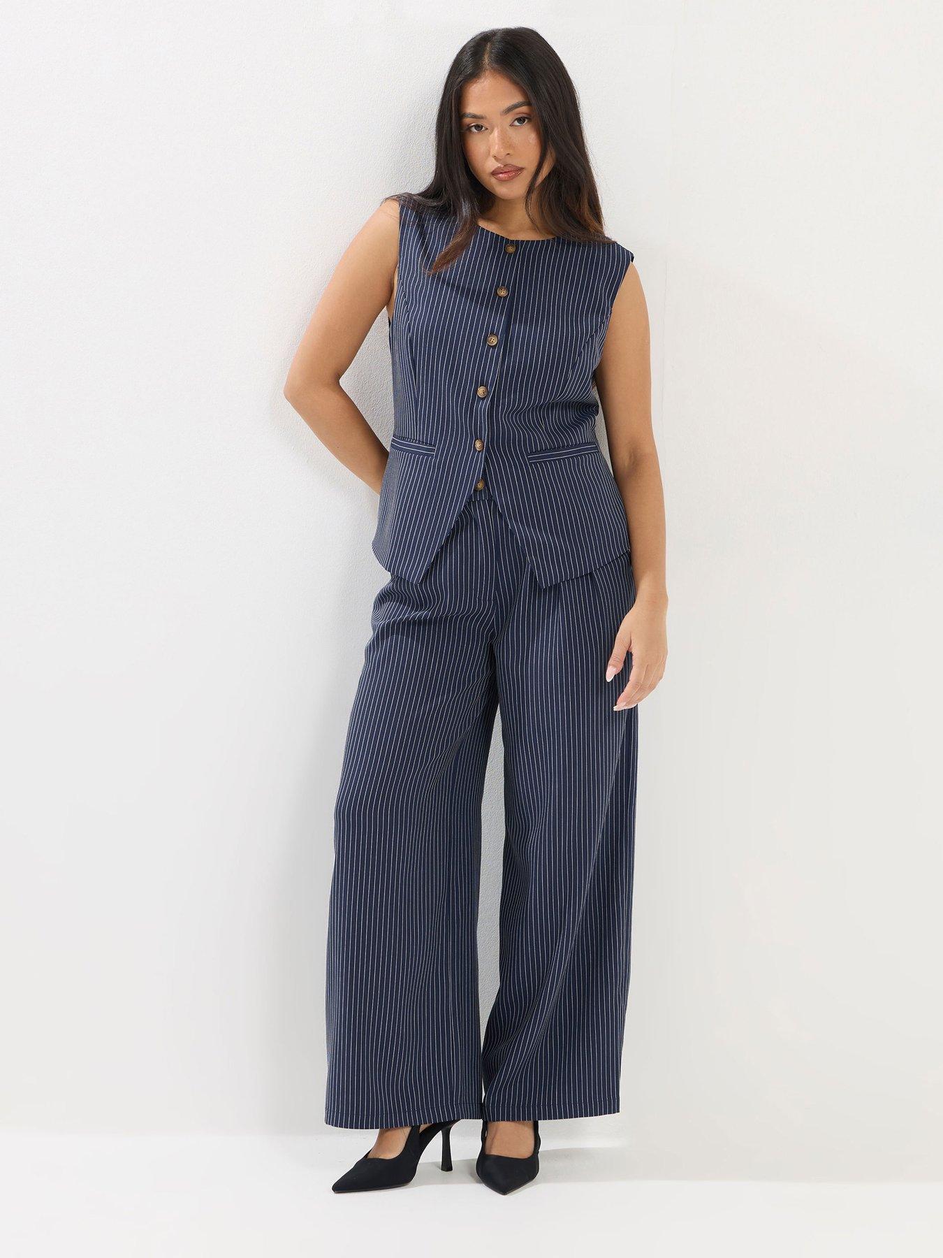 Image 1 of 4 of PixieGirl PixieGirl Womens Petite Pinstripe Vest &amp; Wide Leg Trousers Co-Ord Set - Blue