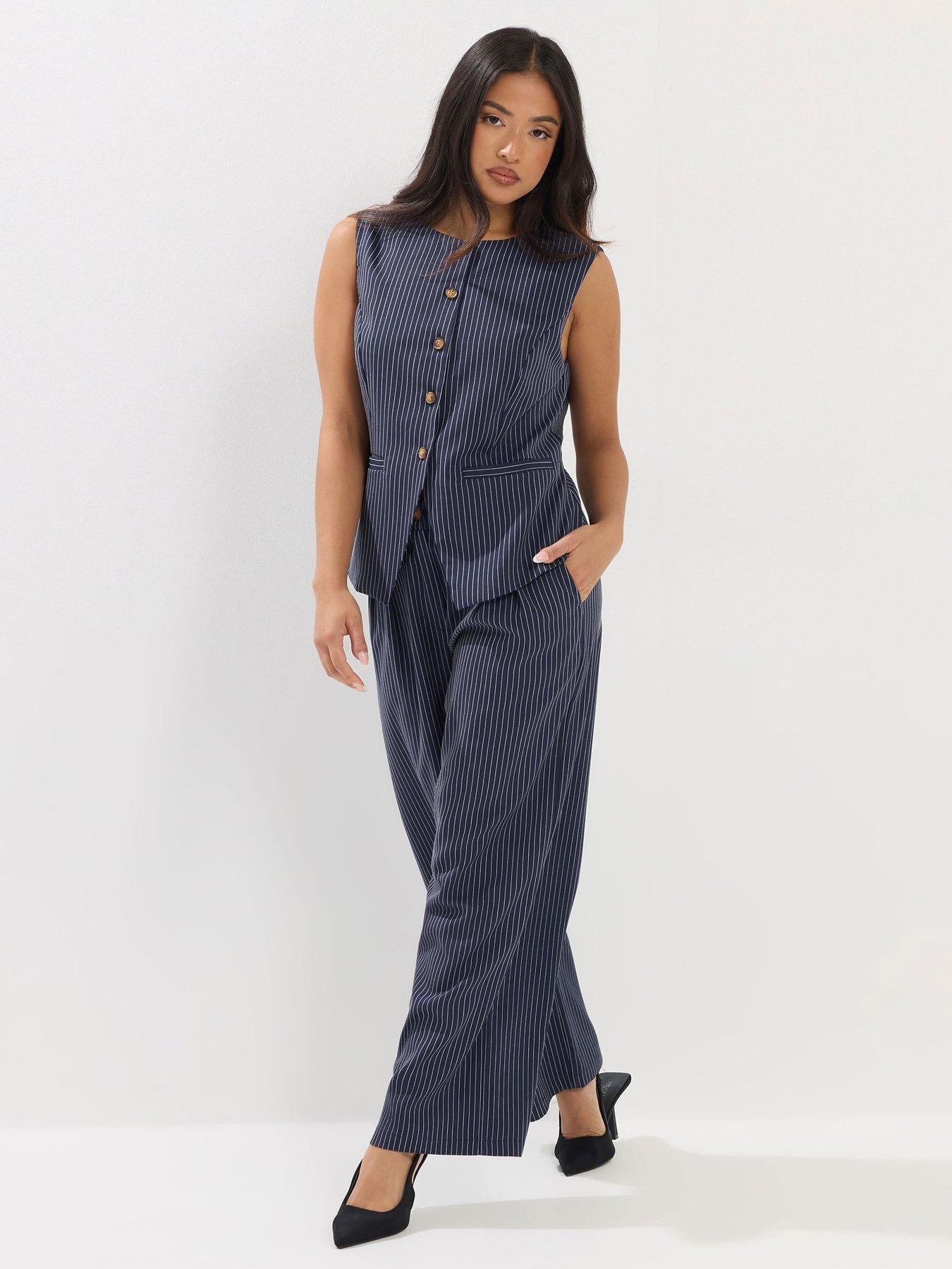 Image 3 of 4 of PixieGirl PixieGirl Womens Petite Pinstripe Vest &amp; Wide Leg Trousers Co-Ord Set - Blue