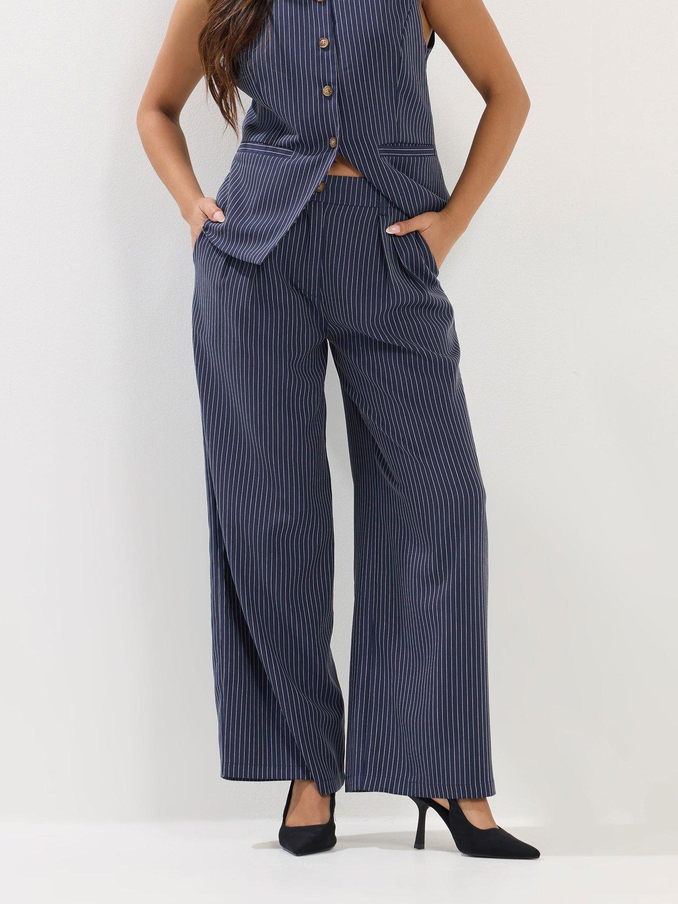 Image 4 of 4 of PixieGirl PixieGirl Womens Petite Pinstripe Vest &amp; Wide Leg Trousers Co-Ord Set - Blue