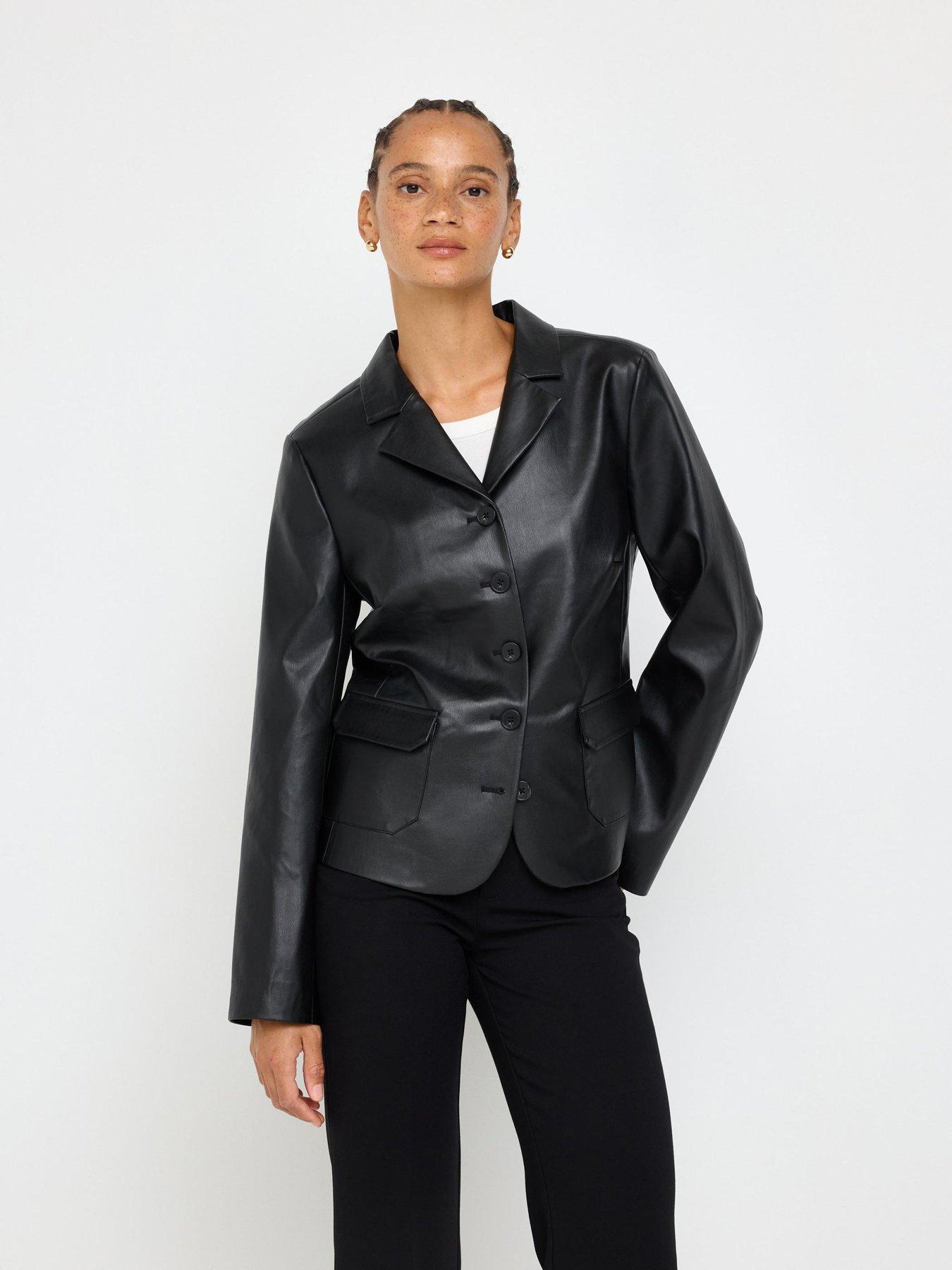 Image 1 of 4 of Lindex Womens Faux Leather Button Front Tailored Blazer - Black