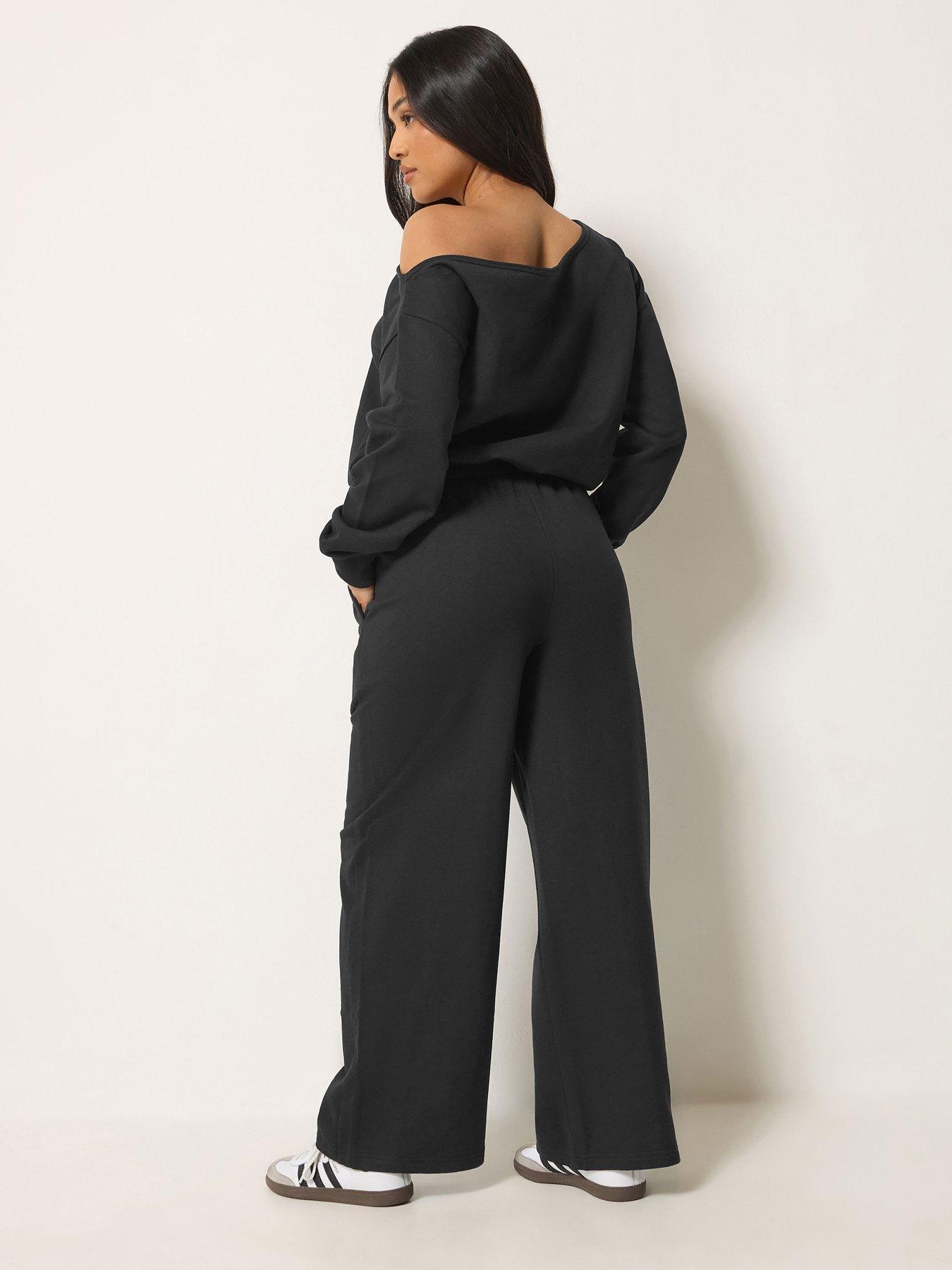 Image 2 of 4 of PixieGirl Womens Petite One Shoulder Drawstring Wide Leg Jumpsuit - Black