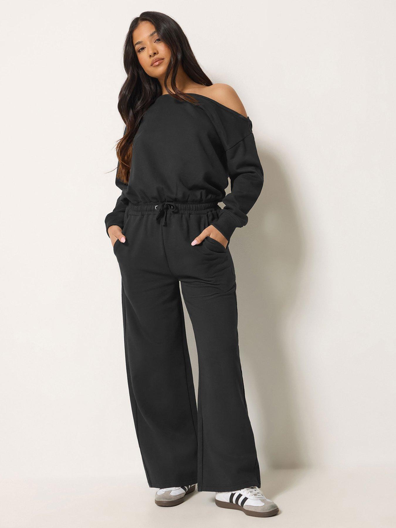 Image 3 of 4 of PixieGirl Womens Petite One Shoulder Drawstring Wide Leg Jumpsuit - Black
