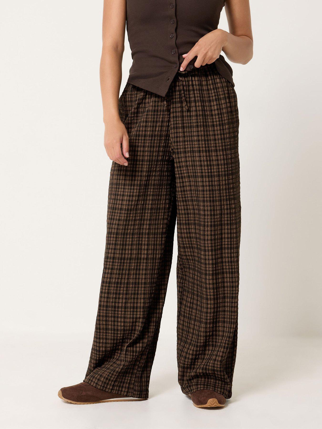 PixieGirl Petite Check Crinkle Wide Leg Trouser - Brown