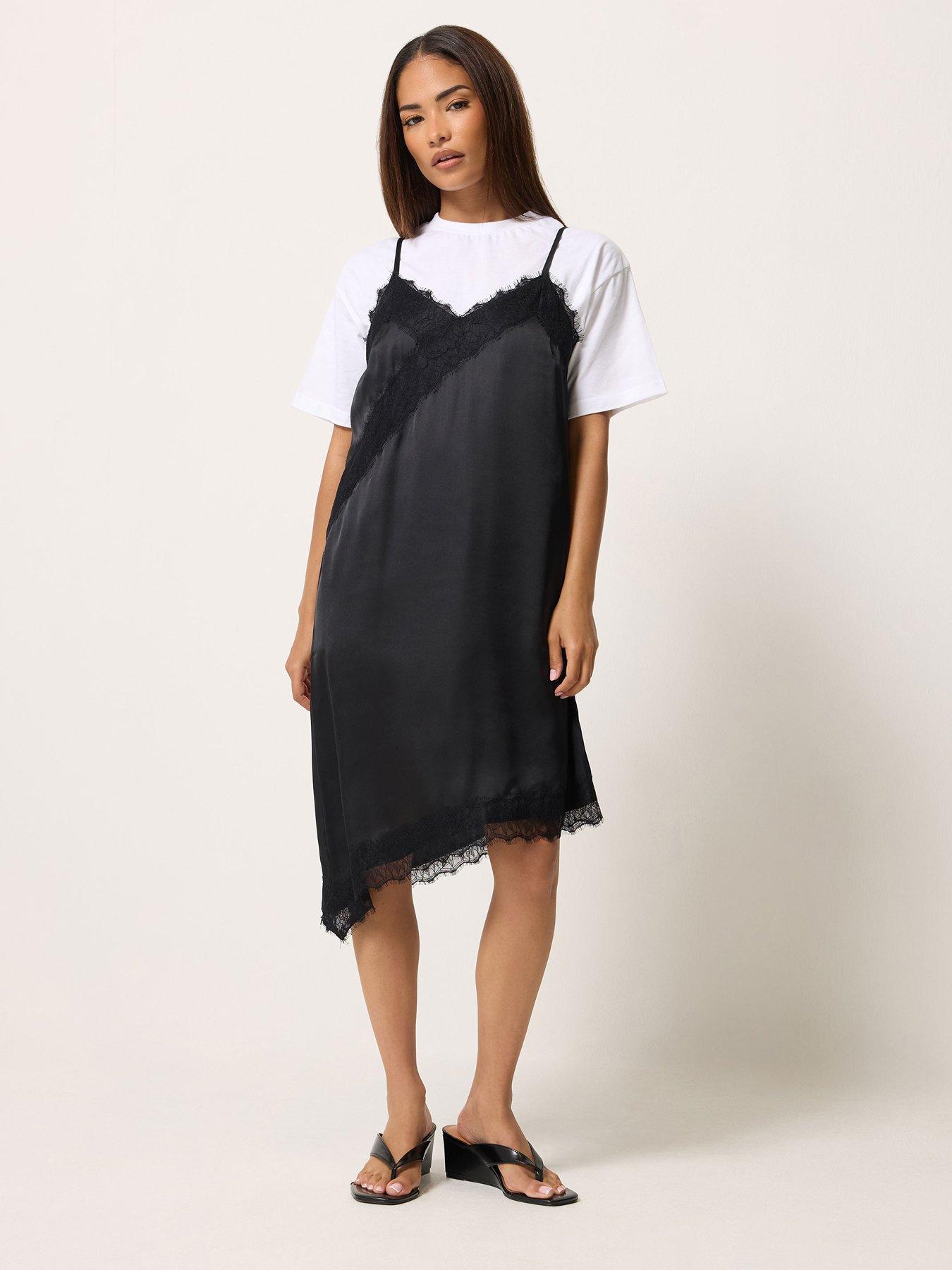 Image 3 of 4 of PixieGirl PixieGirl Womens Petite Lace Satin Asymmetric Dress - Black