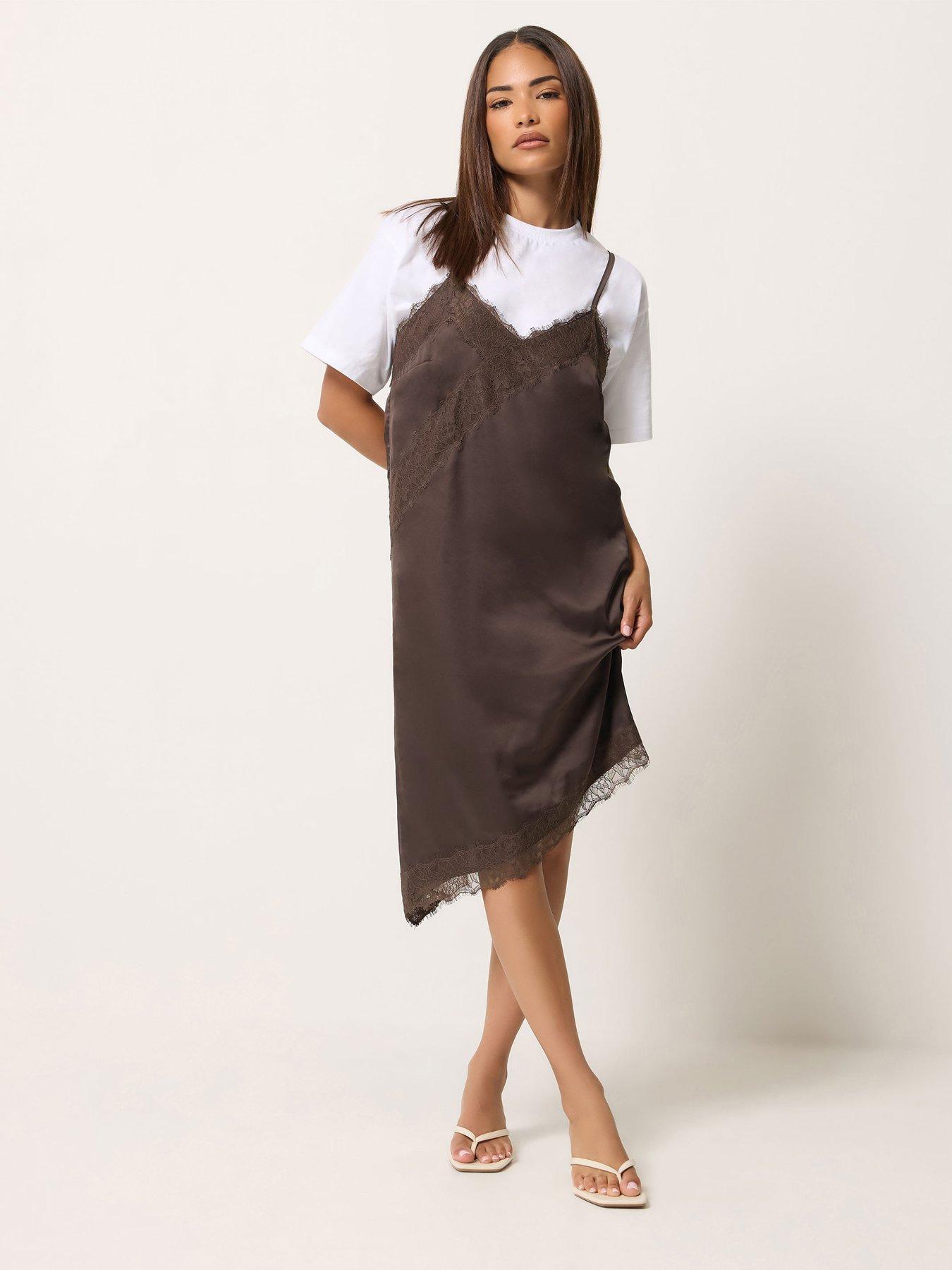 Image 1 of 4 of PixieGirl Petite Lace Satin Asymmetric Dress