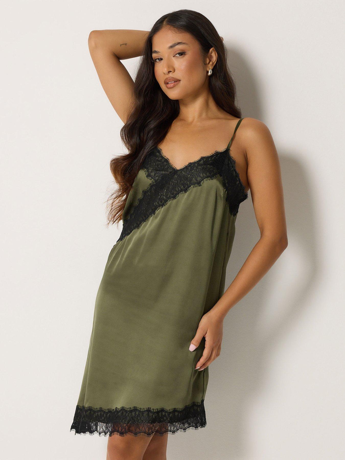 Image 1 of 4 of PixieGirl PixieGirl Womens Petite Lace Satin Asymmetric Slip Dress - Green
