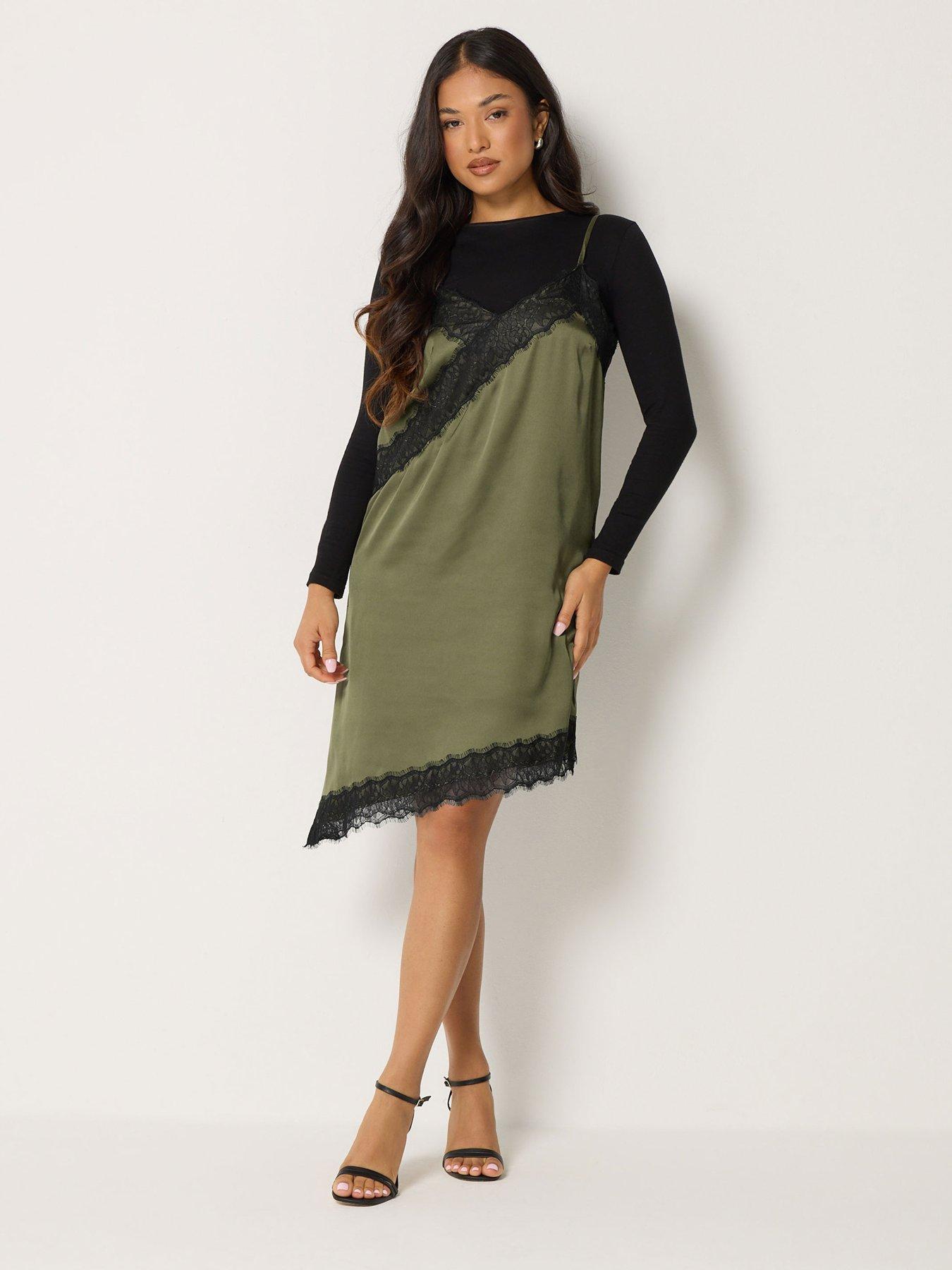 Image 3 of 4 of PixieGirl PixieGirl Womens Petite Lace Satin Asymmetric Slip Dress - Green