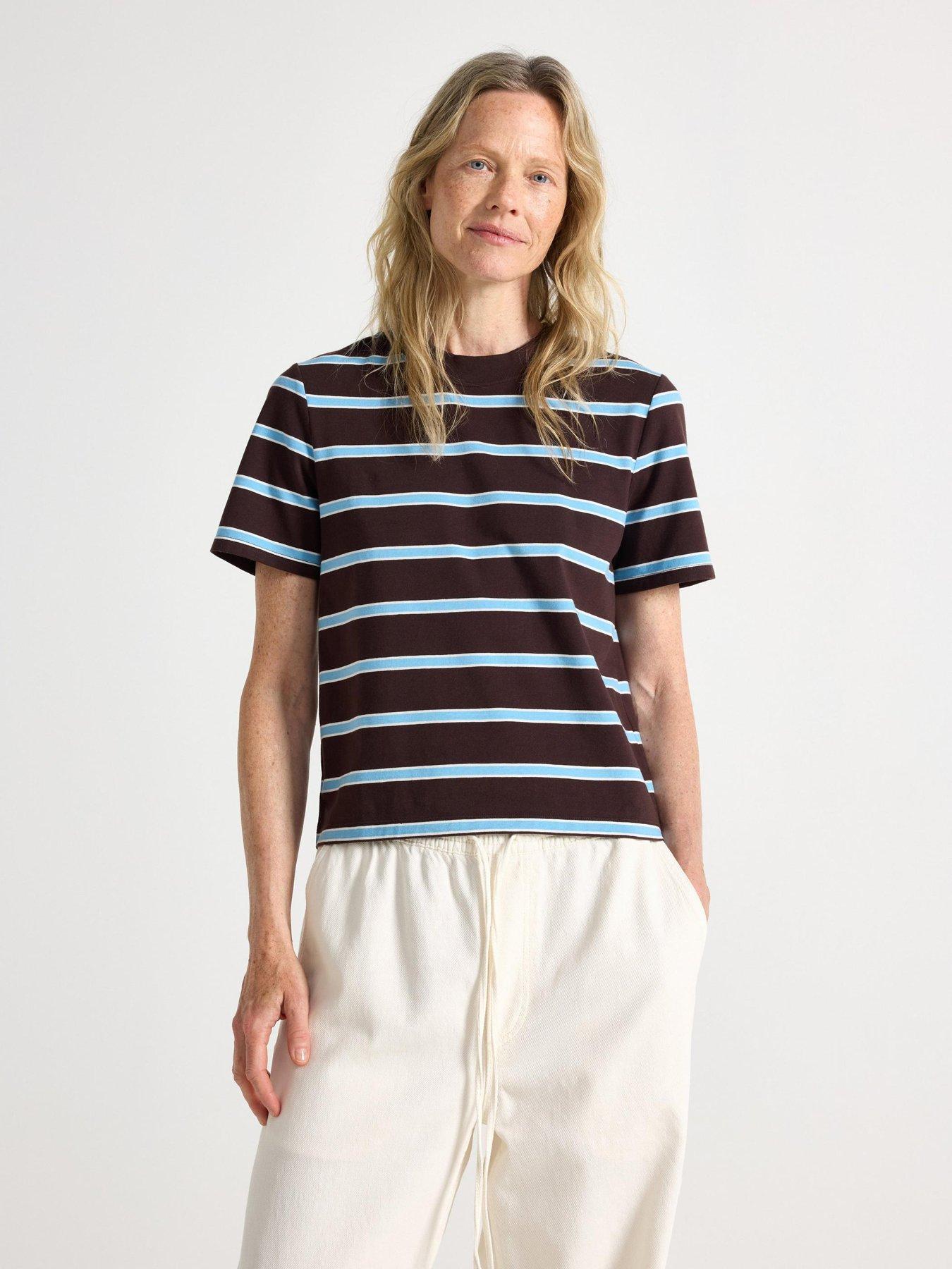 Image 1 of 4 of Lindex Women's Katja Striped Ringer T-Shirt - Brown/Blue