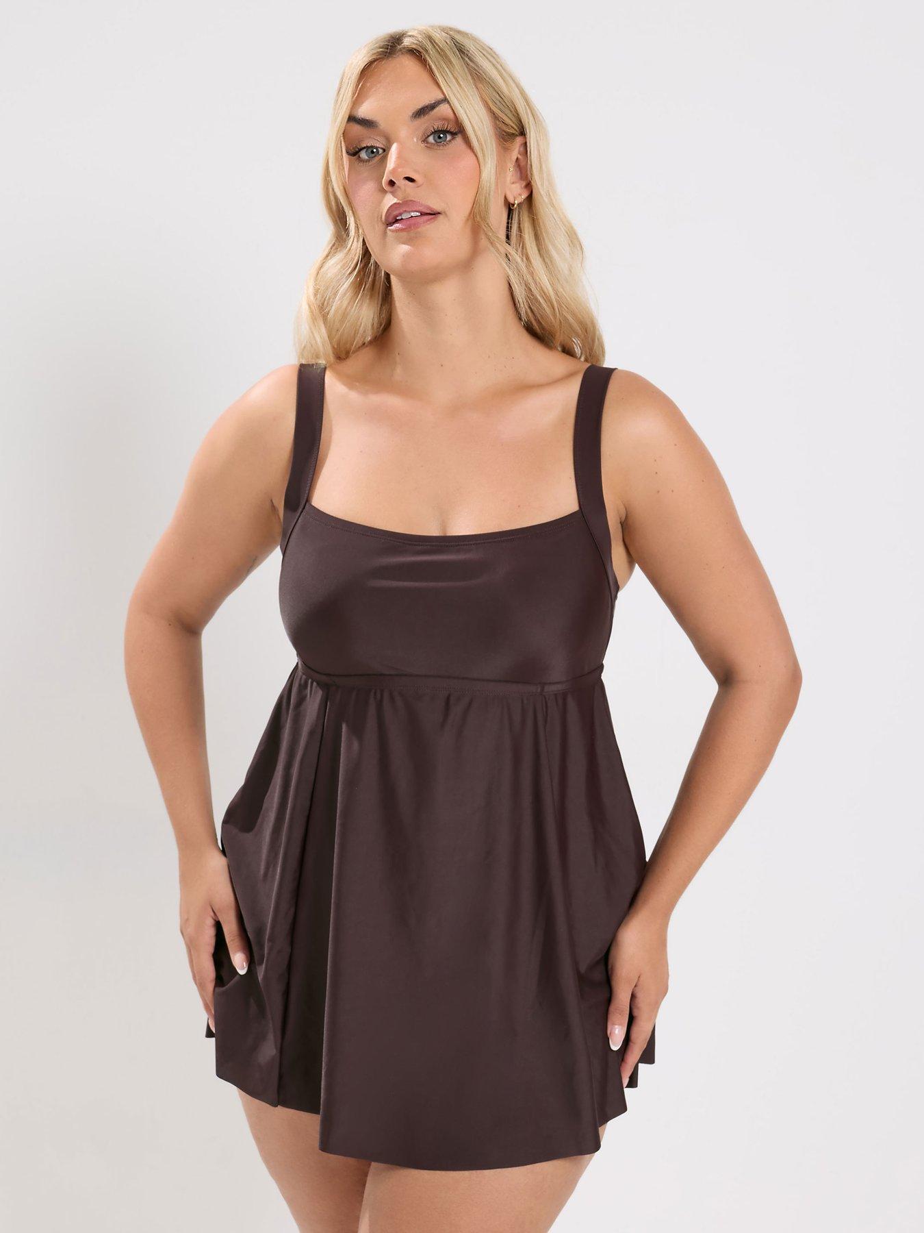 Yours YOURS Curve Square Neckline Swim Dress - Chocolate Brown