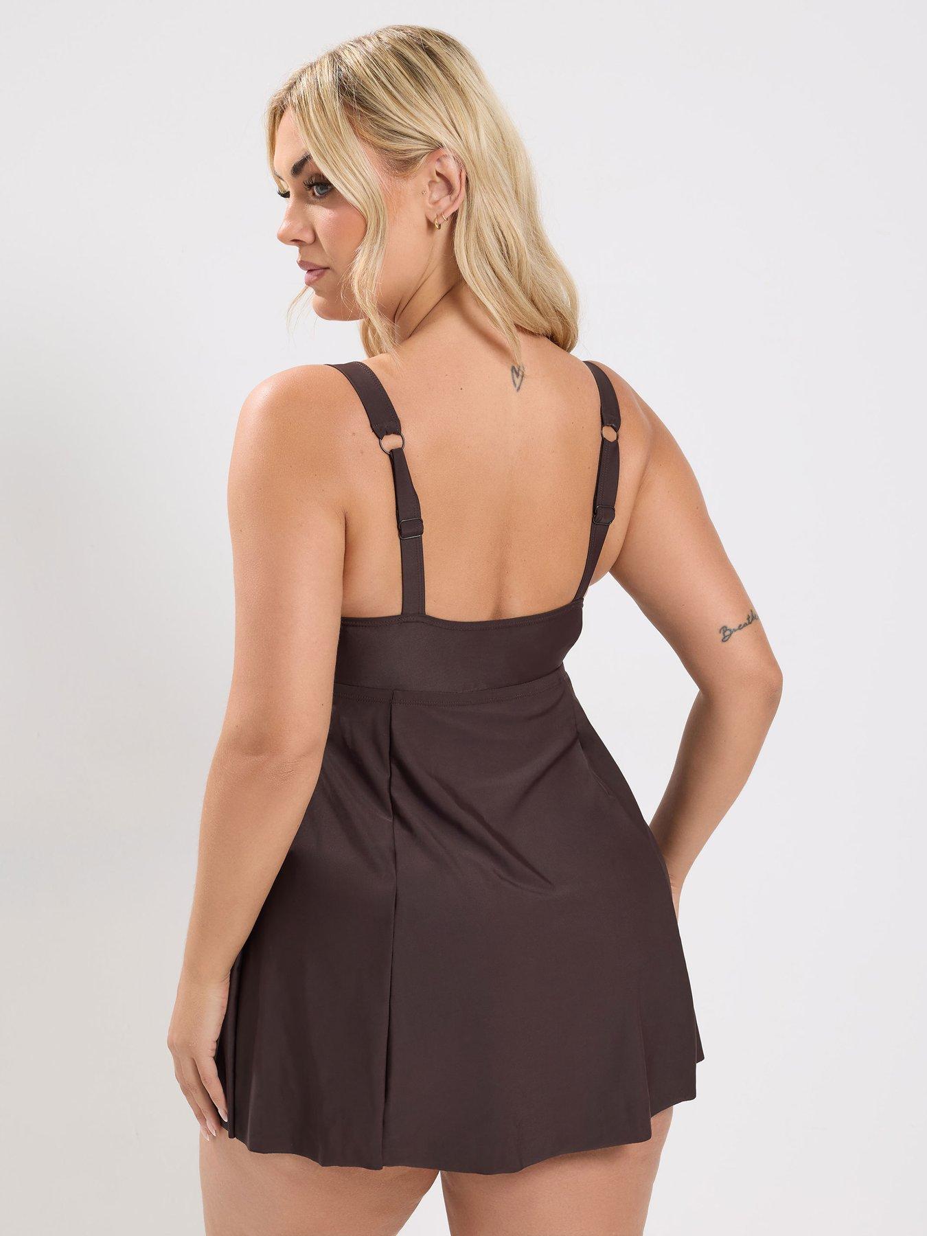 Image 2 of 4 of Yours YOURS Curve Square Neckline Swim Dress - Chocolate Brown