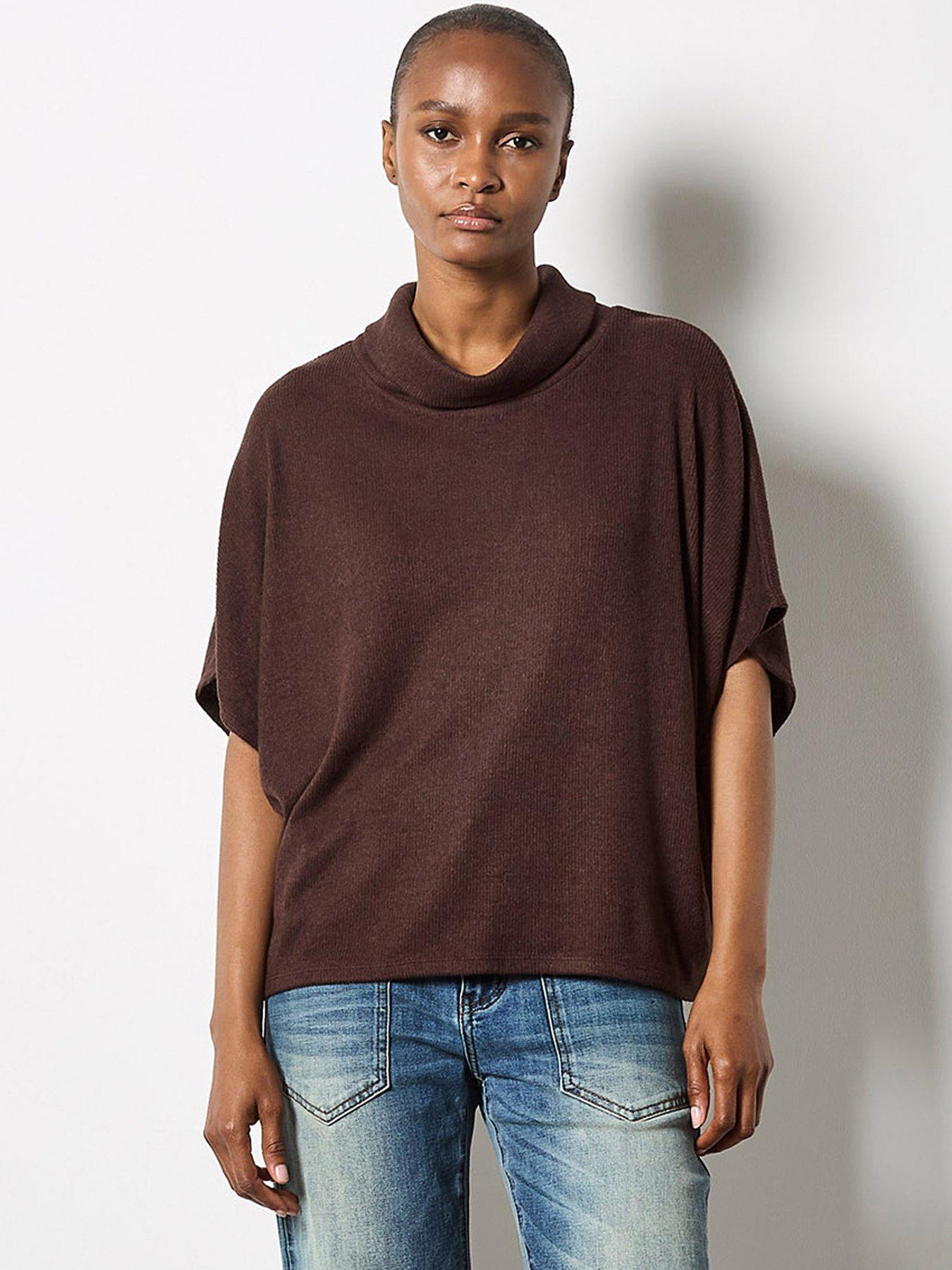 Image 1 of 4 of Apricot Womens Roll Neck Soft Rib Cape - Brown