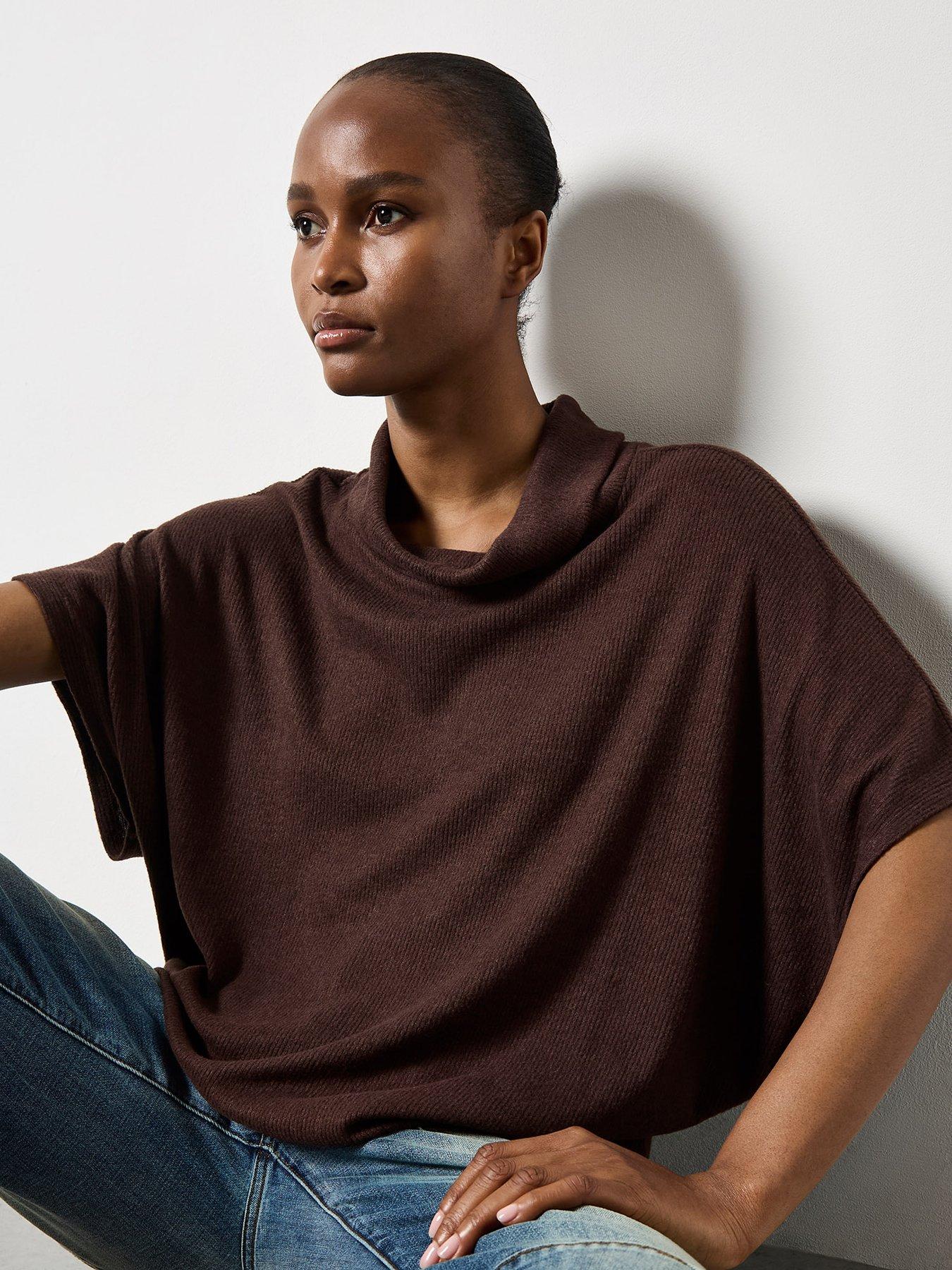 Image 4 of 4 of Apricot Womens Roll Neck Soft Rib Cape - Brown