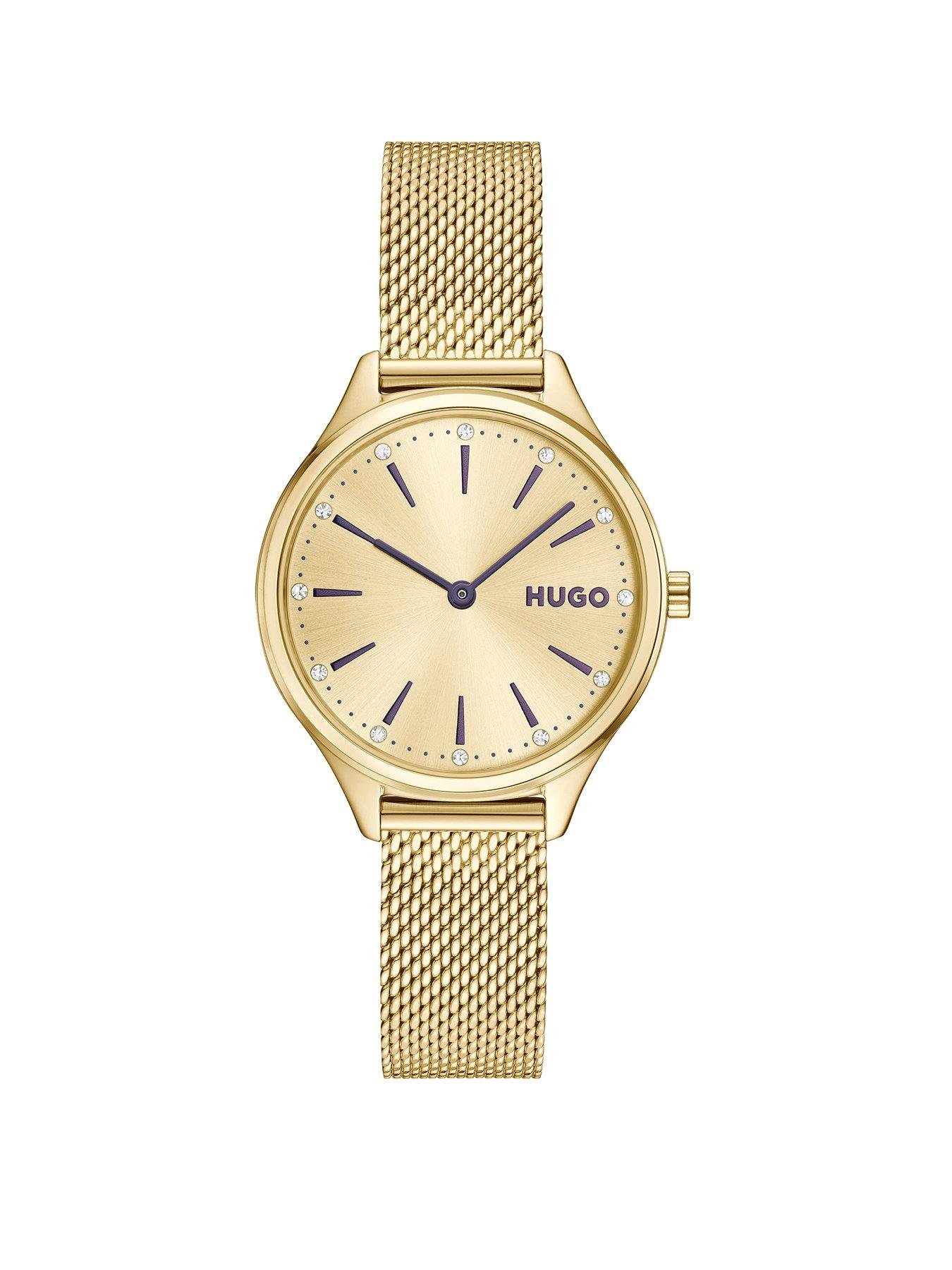 HUGO Ladies HUGO #GLOSSY Light Yellow Gold PVD Mesh Bracelet Watch