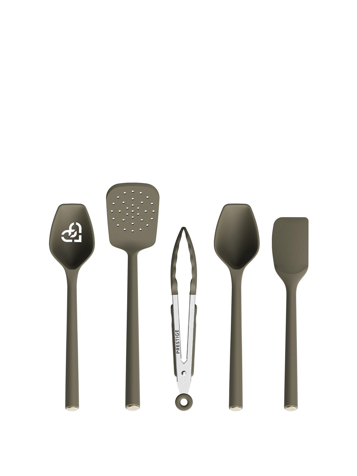 Prestige Prestige Silicone - 5 Piece Utensil Set: Solid Spoon , Slotted Spoon , Slotted Turner , Spatula ,tongs: Urban Olive