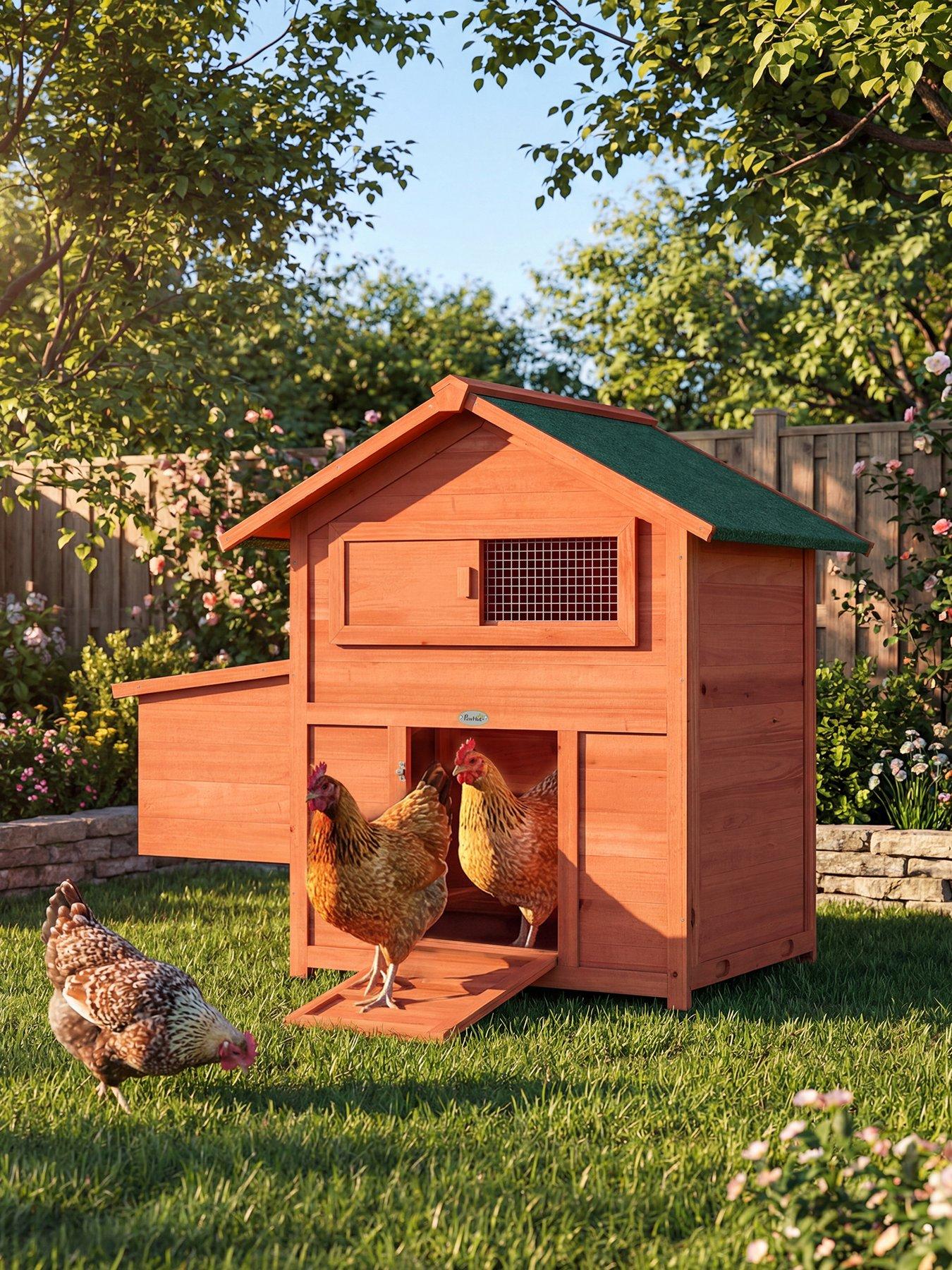 PawHut Chicken Coop, Wooden Hen House with Nesting Box, Pull-Out Tray, Sliding Window, Waterproof Roof, Perches and Ramp, Poultry Cage for 2 Chickens, Ducks, Rabbits, Orange