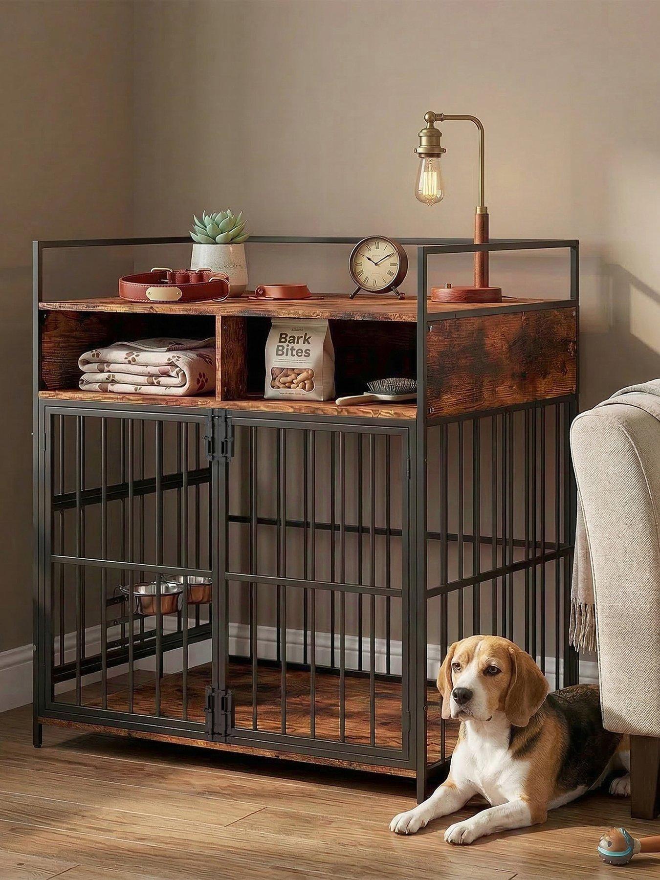 PawHut Dog Crate Furniture, Dog Cage with Rotatable Feeding Station and Storage Shelves, End Side Table Indoor Pet Kennel for Small Medium Breeds, 80 x 60 x 90.5 cm, Rustic Brown