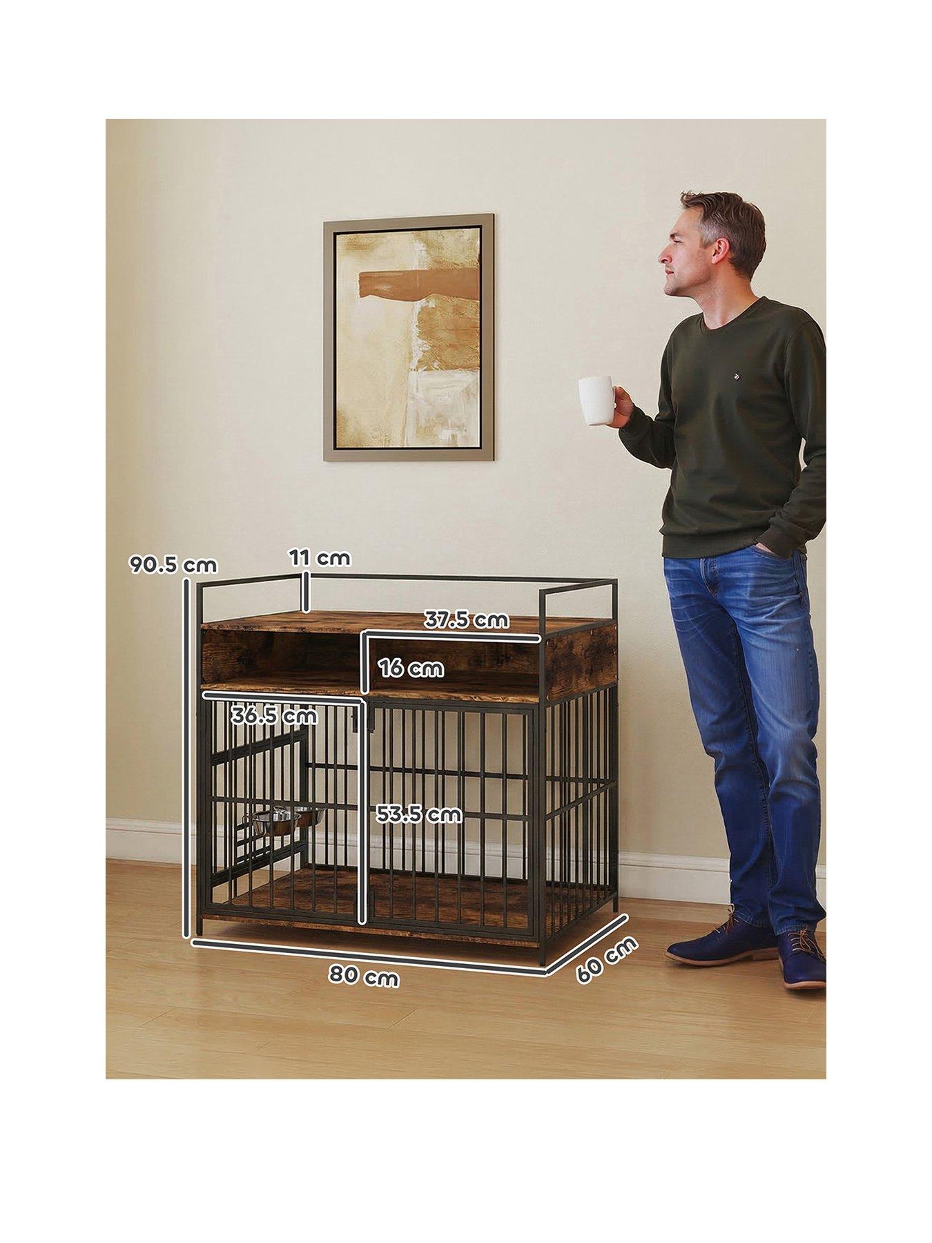 Image 2 of 7 of PawHut PawHut Dog Crate Furniture, Dog Cage with Rotatable Feeding Station and Storage Shelves, End Side Table Indoor Pet Kennel for Small Medium Breeds, 80 x 60 x 90.5 cm, Rustic Brown