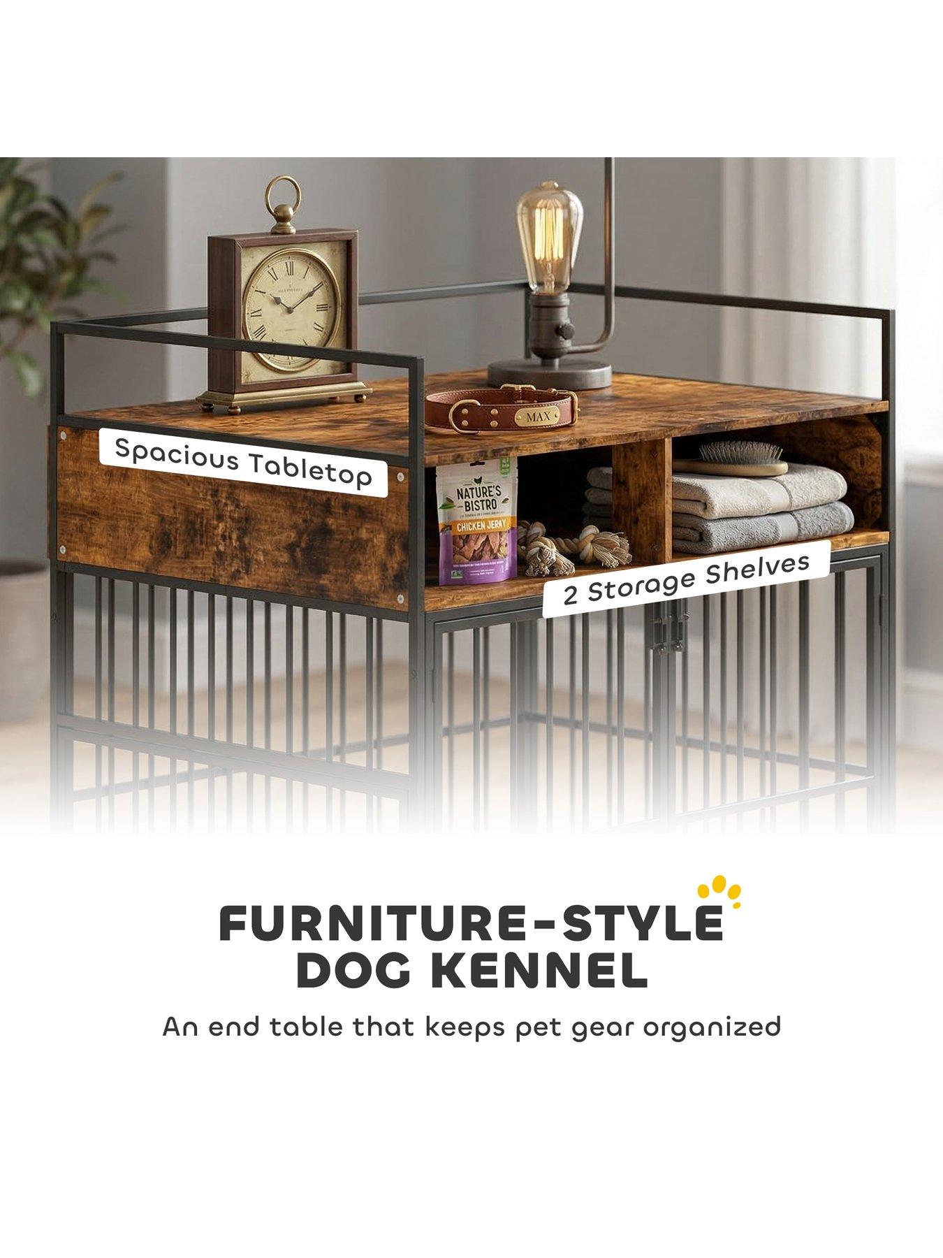 Image 3 of 7 of PawHut PawHut Dog Crate Furniture, Dog Cage with Rotatable Feeding Station and Storage Shelves, End Side Table Indoor Pet Kennel for Small Medium Breeds, 80 x 60 x 90.5 cm, Rustic Brown