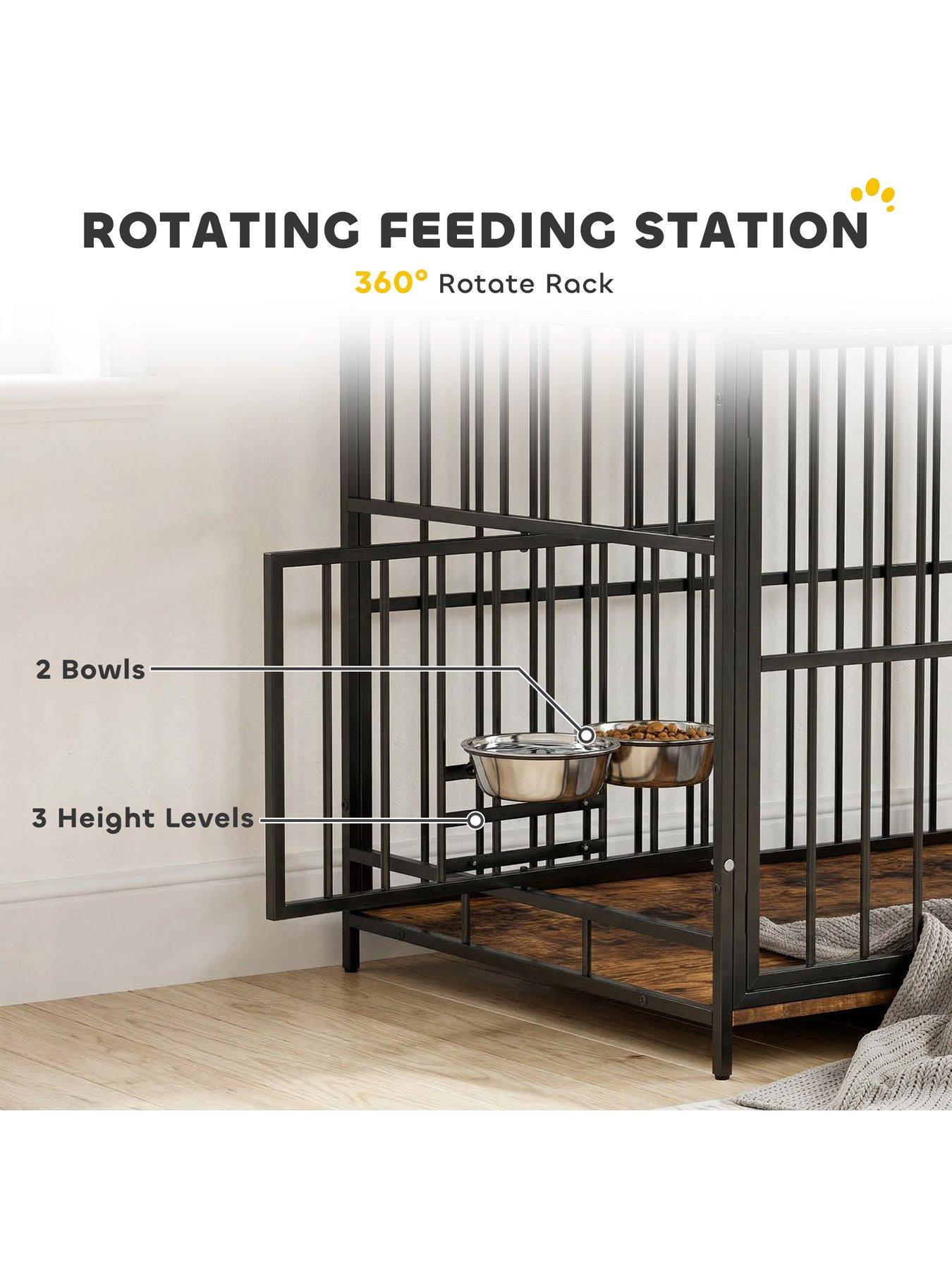 Image 4 of 7 of PawHut PawHut Dog Crate Furniture, Dog Cage with Rotatable Feeding Station and Storage Shelves, End Side Table Indoor Pet Kennel for Small Medium Breeds, 80 x 60 x 90.5 cm, Rustic Brown