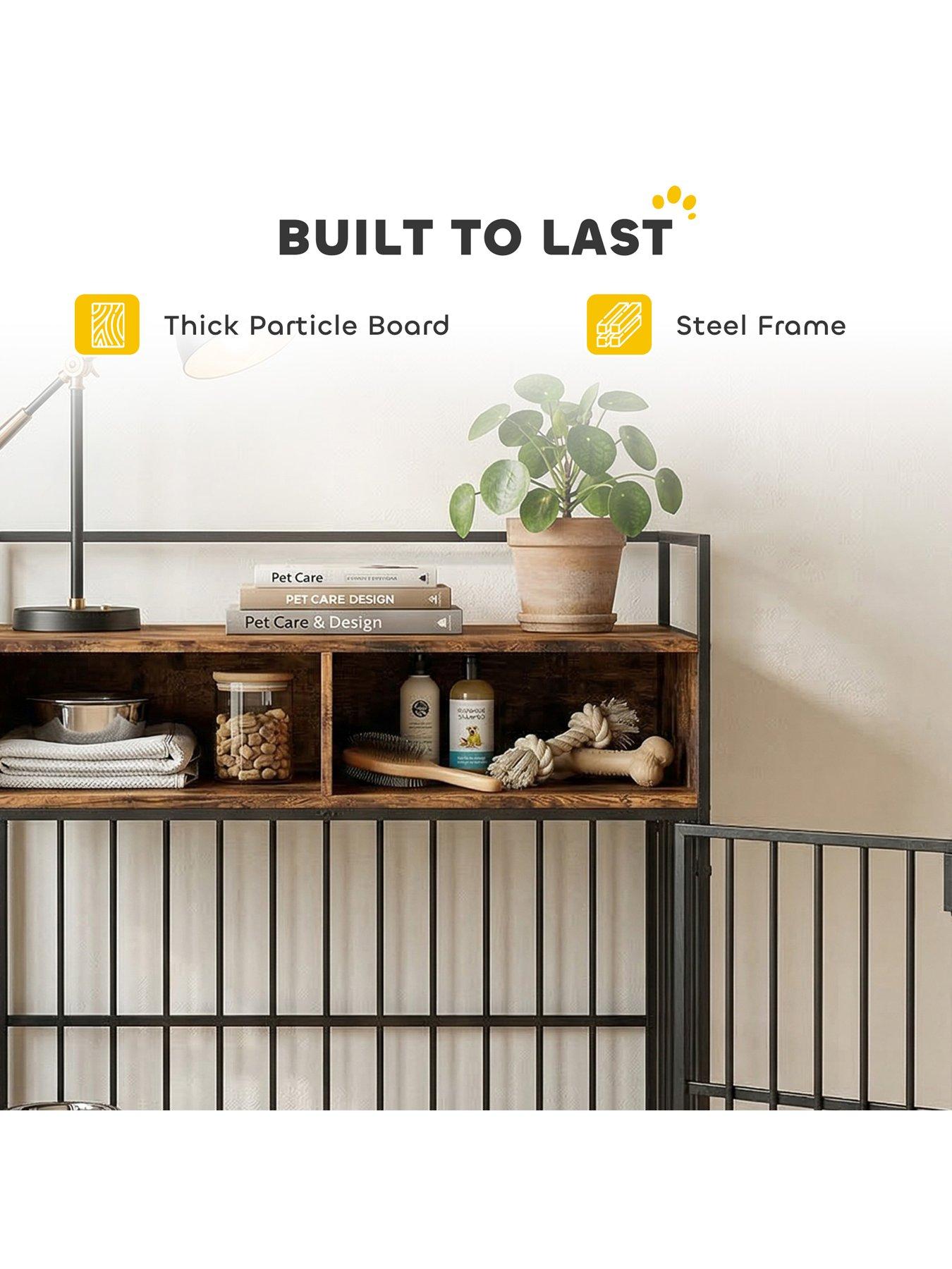 Image 5 of 7 of PawHut PawHut Dog Crate Furniture, Dog Cage with Rotatable Feeding Station and Storage Shelves, End Side Table Indoor Pet Kennel for Small Medium Breeds, 80 x 60 x 90.5 cm, Rustic Brown