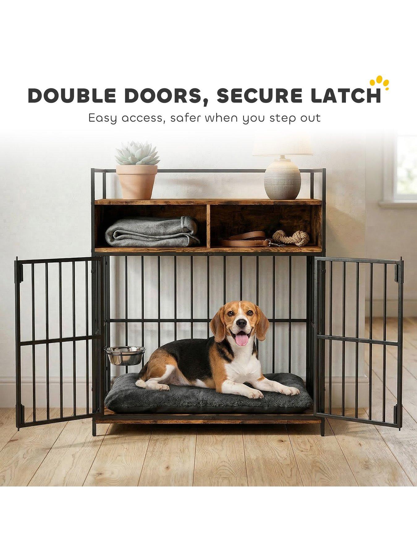 Image 6 of 7 of PawHut PawHut Dog Crate Furniture, Dog Cage with Rotatable Feeding Station and Storage Shelves, End Side Table Indoor Pet Kennel for Small Medium Breeds, 80 x 60 x 90.5 cm, Rustic Brown