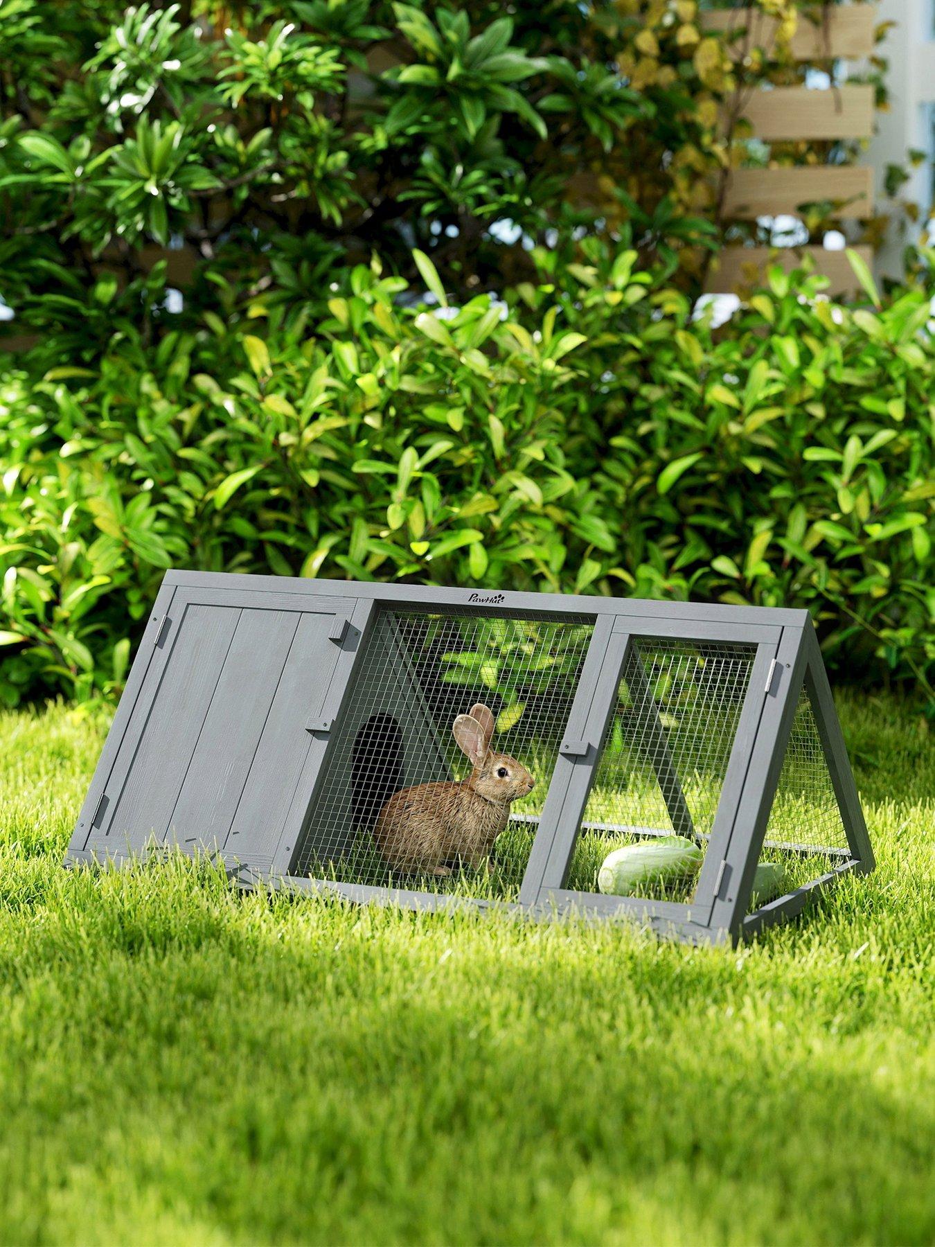 Image 1 of 7 of PawHut Rabbit Hutch, Wooden Guinea Pig Hutch with Run and Doors, Outdoor Triangle Bunny House for Rabbits, Small Duck and Chicken, Indoor Outdoor Use, Grey