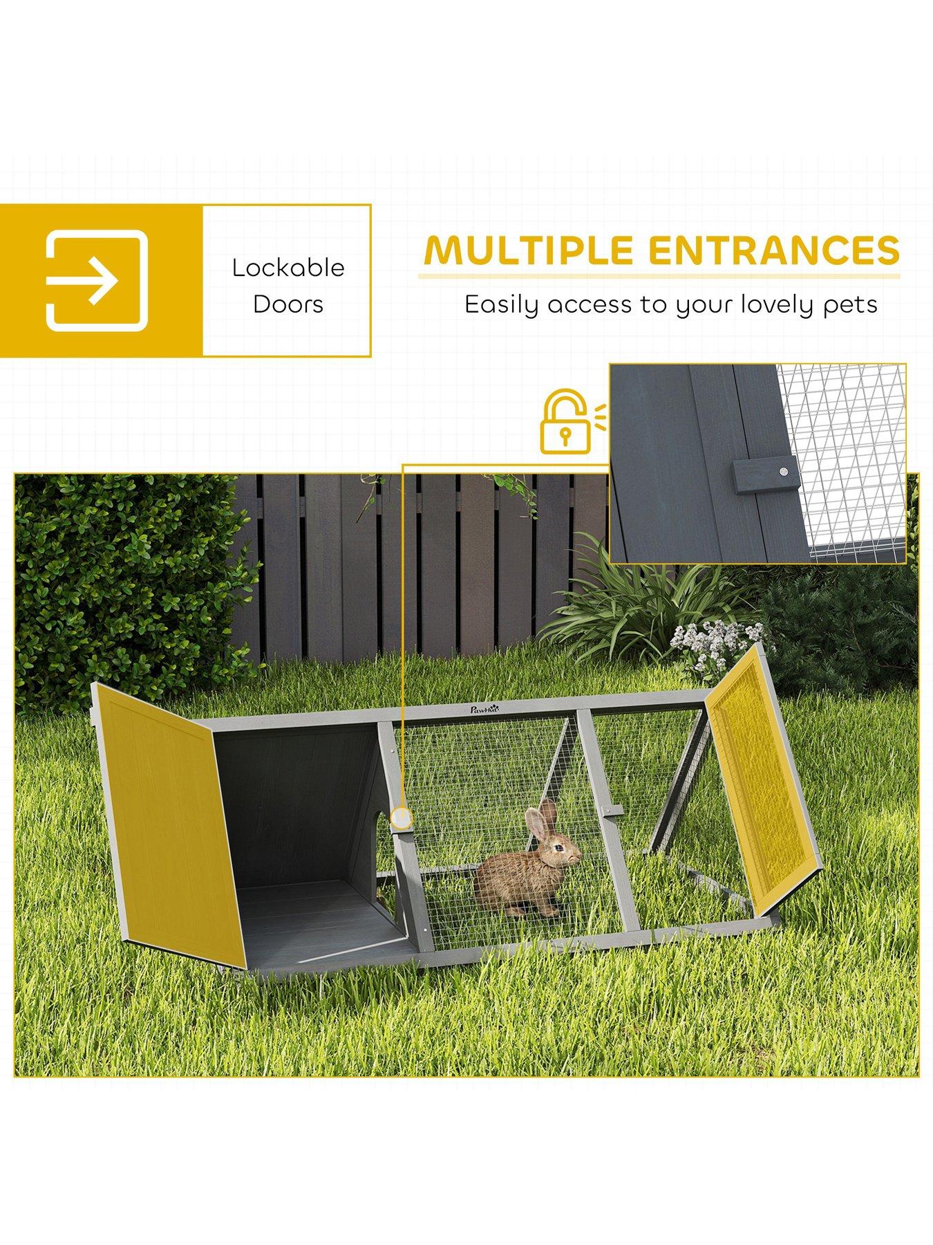 Image 4 of 7 of PawHut Rabbit Hutch, Wooden Guinea Pig Hutch with Run and Doors, Outdoor Triangle Bunny House for Rabbits, Small Duck and Chicken, Indoor Outdoor Use, Grey