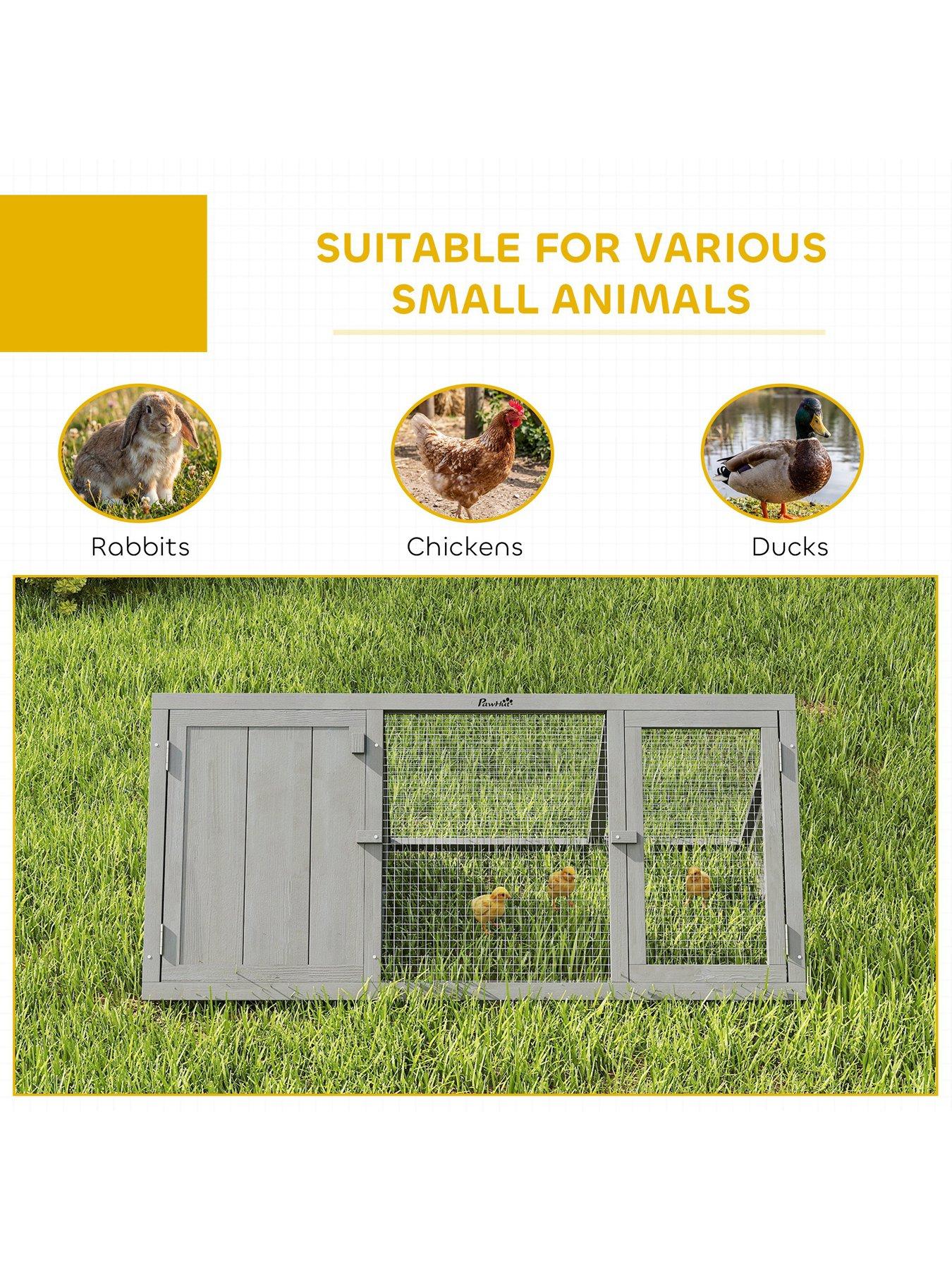 Image 6 of 7 of PawHut Rabbit Hutch, Wooden Guinea Pig Hutch with Run and Doors, Outdoor Triangle Bunny House for Rabbits, Small Duck and Chicken, Indoor Outdoor Use, Grey