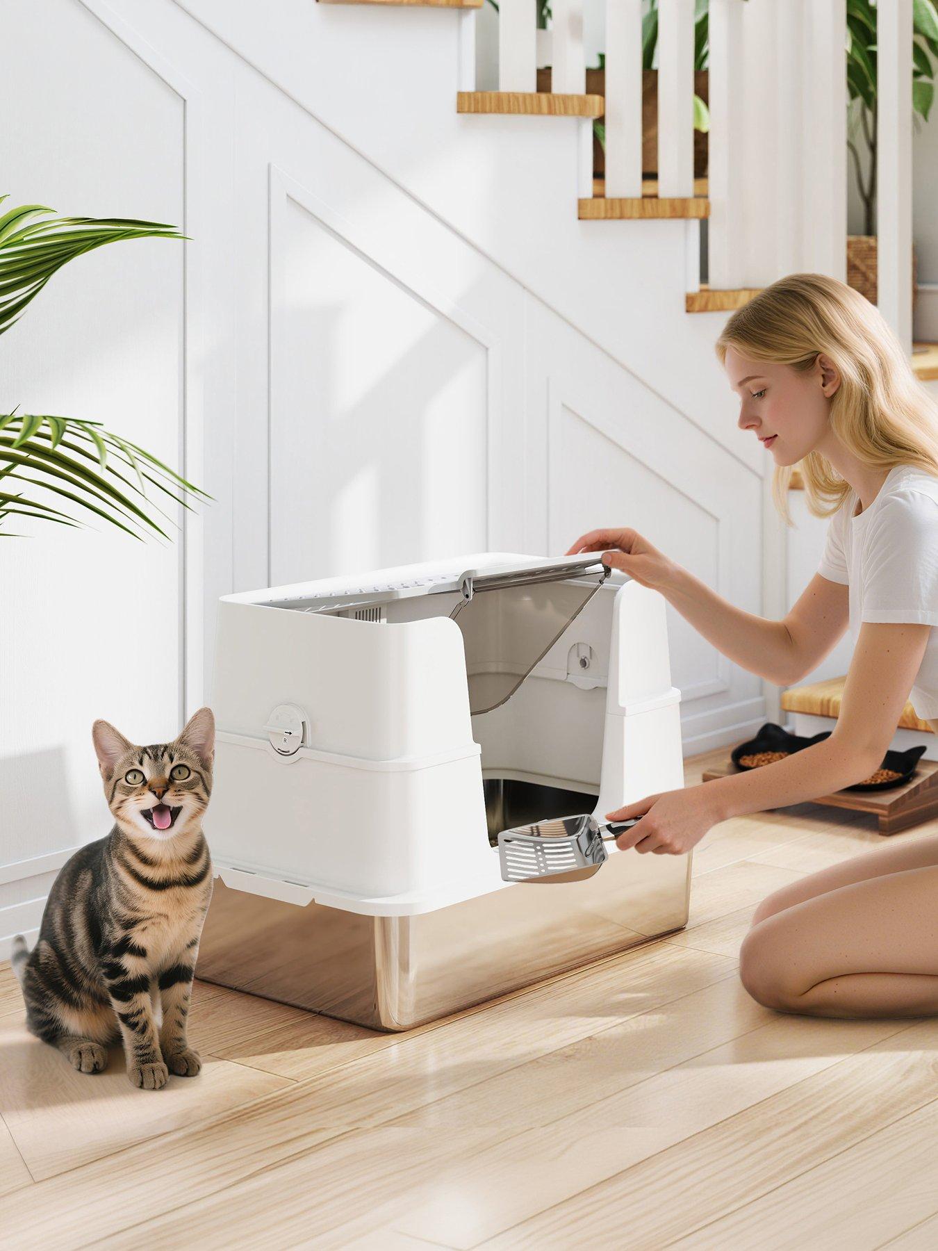PawHut Stainless Steel Cat Litter Tray, XL Enclosed Cat Litter Box with Lid, Scoop, Side Top Dual Entry, Easy Clean, Odor Control, Anti-Leaking, Light Grey
