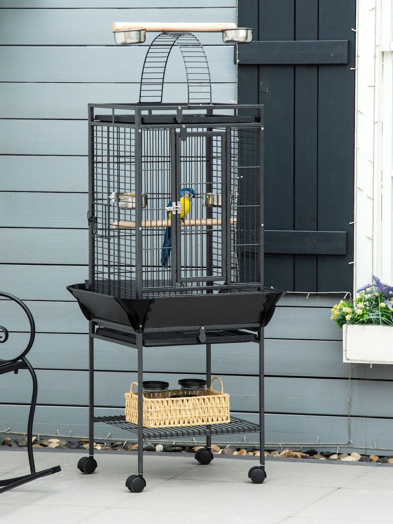 PawHut 156cm Bird Cage,Large Parrot Cage with Open Play Top, Perch, Seed Guard, Wheels, Storage Shelf for Budgie, Cockatiel, Conure, Lovebird, Dark Grey