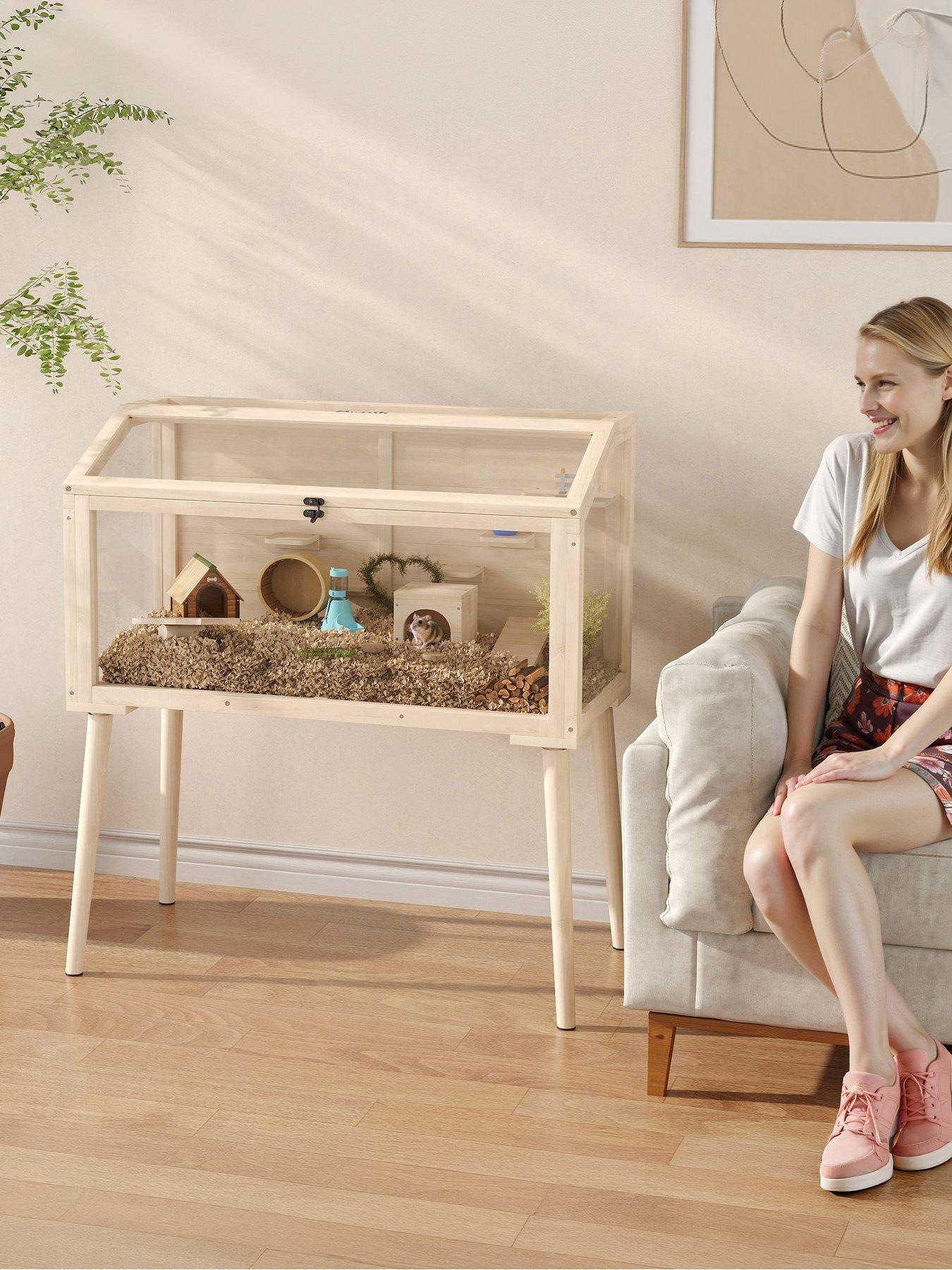 PawHut Wooden Hamster Cage, Gerbil Cage with Openable Top, Seesaws, Platforms, Water Bottle, Small Animal Habitat for Syrian, Dwarf, Mouse, Rats, Rodent, 110 x 52 x 101 cm