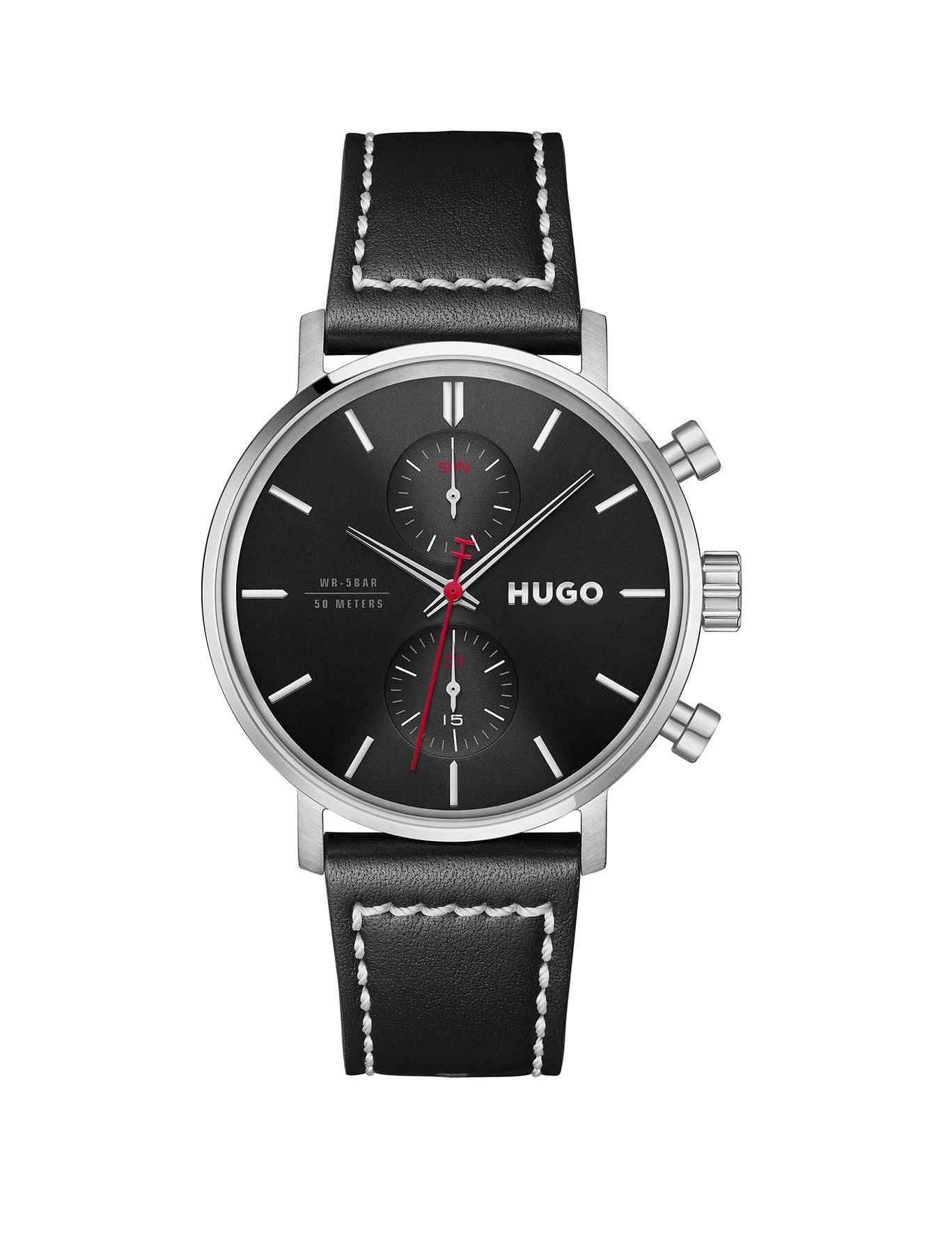 HUGO Gents HUGO #TAKEOFF Black Dial and Black Leather Strap Multifunction Watch