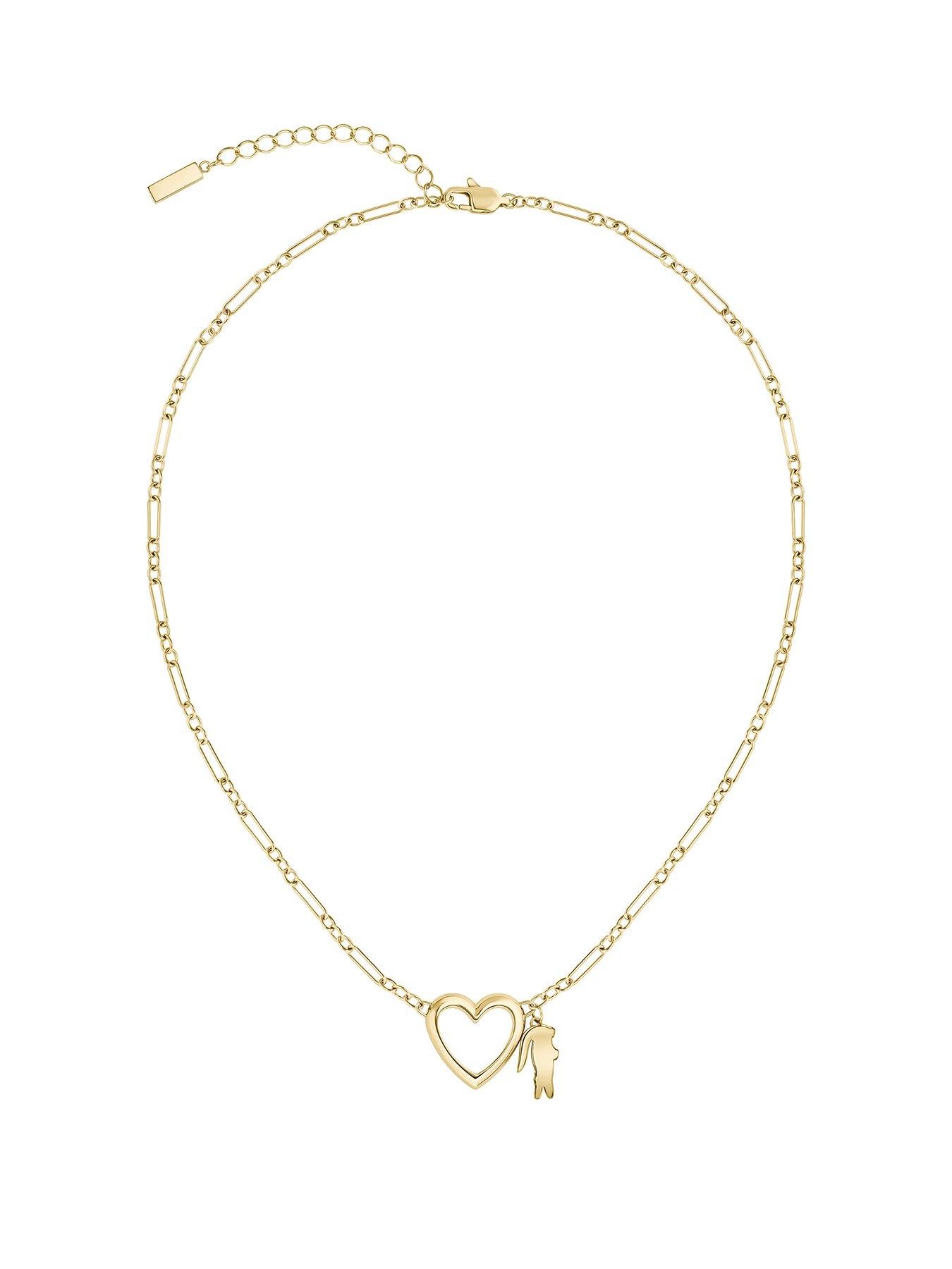 Lacoste Ladies Elyse Gold IP Heart Necklace with Crystal Pave Crocodile