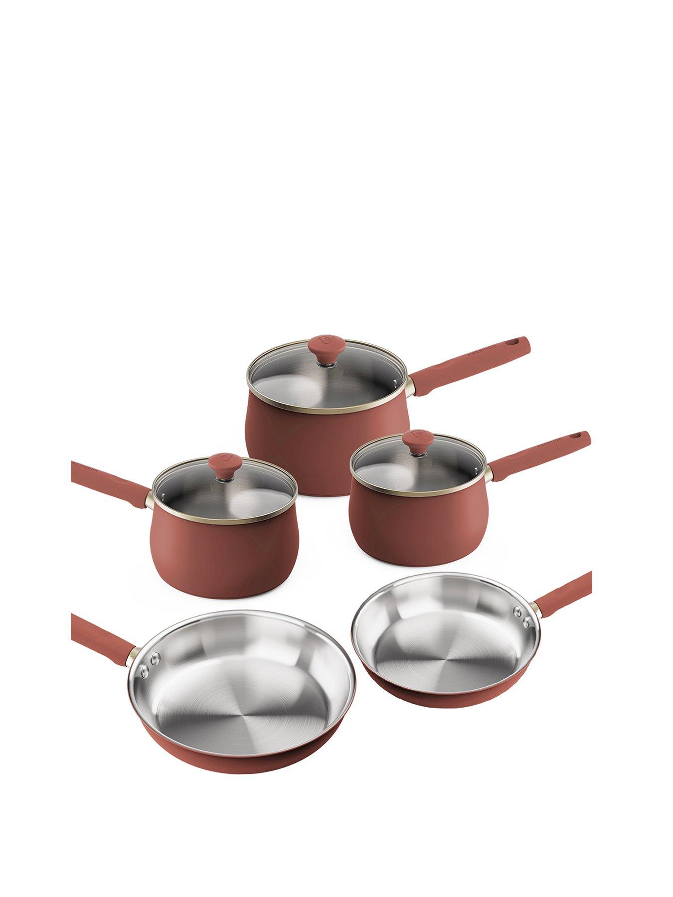 Image 1 of 5 of Prestige Stainless Steel Frying Pans &amp; Saucepans with Lids, Set of 5 - Earth Rose