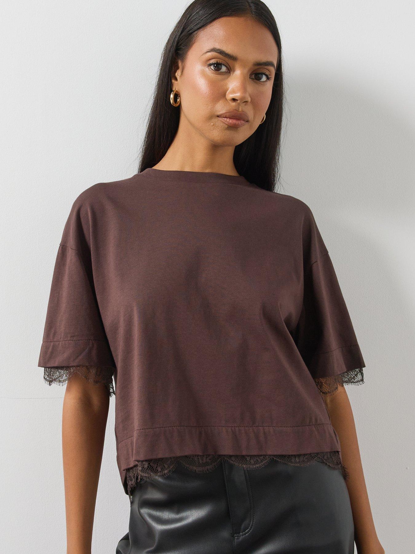 Image 5 of 6 of AllSaints Womens Nia Lace Trim Split Back T-Shirt - Brown