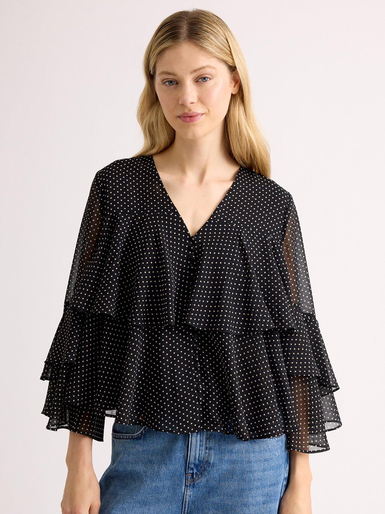 Albaray Chiffon Spot Ruffle Sleeve Blouse - Black