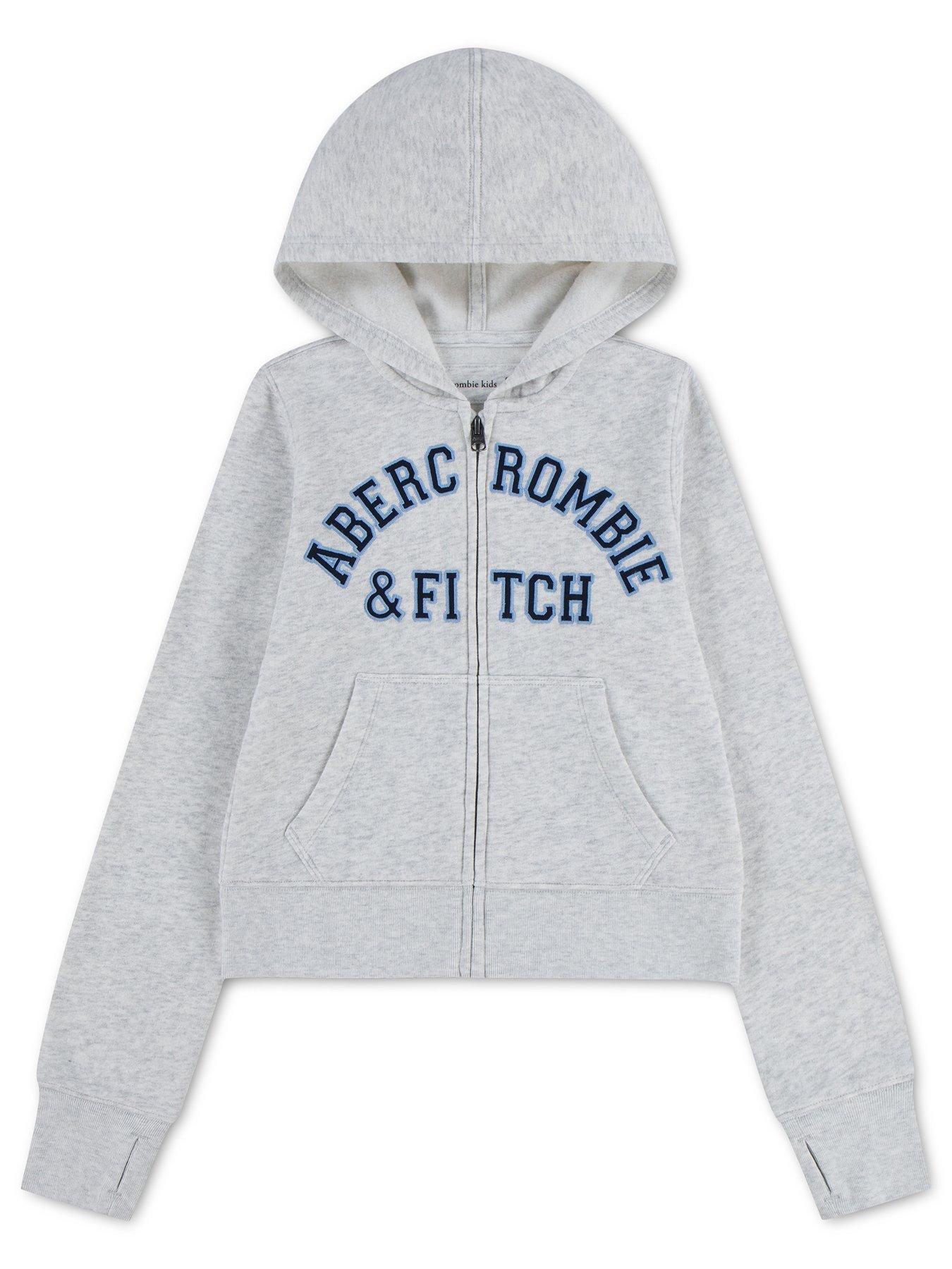 Image 1 of 3 of Abercrombie & Fitch Girls' Logo Full Zip Hoodie with Thumbhole Cuffs - Grey
